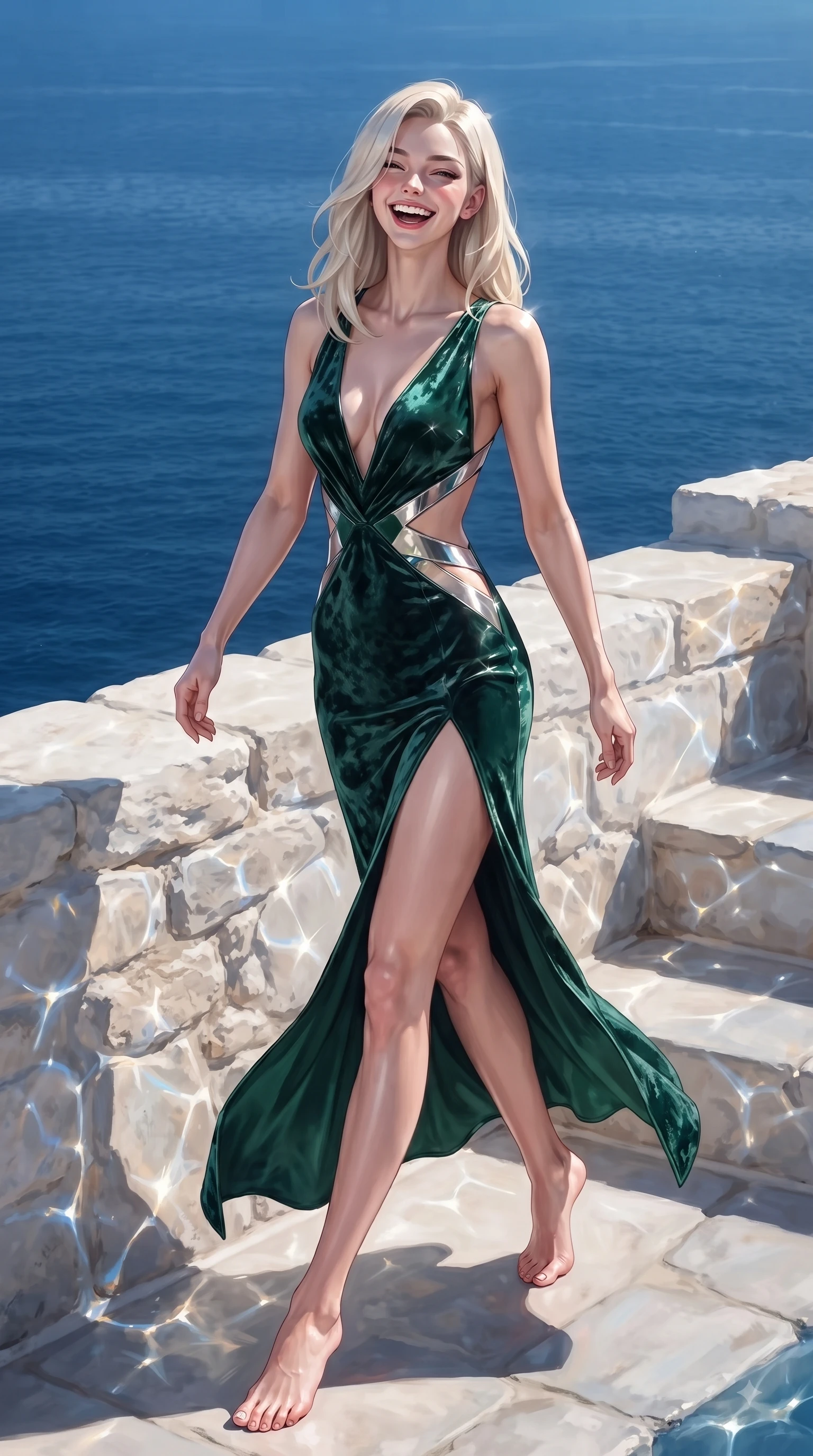 score_9, masterpiece, best quality, ultra-detailed, high-budget anime keyframe, editorial fashion photography, tasteful artistic composition, Caucasian woman. low angle full-body shot from head to toe showing her feet, filling the entire 9:16 vertical frame with her statuesque presence, stretching her vertical silhouette. pivoting dynamically in zero-gravity with a delighted laughing expression, displaying her perfect model proportions while stepping cheerfully along a whitewashed stone terrace overlooking the deep blue Aegean sea, glistening water reflections dancing dynamically across whitewashed stone walls. She has an absolutely perfect, statuesque 8.5-heads proportion, an exceptionally tall and slender model-like female figure with impossibly long slender legs and an ultra-slim waist. sharp v-shaped jawline, high-bridge nose, intricate jewel-like eyes with depth, thick eyelashes, glossy lips with a natural sheen, flawlessly proportioned anatomical accuracy, natural body alignment, perfectly sculpted elegant limbs, clean dynamic posture without body distortion. wearing a backless crushed velvet gown with a deep V-neckline and high thigh slit in deep emerald green and silver accent, crafted from smooth liquid silk, featuring subtle geometric cutouts that highlight her ultra-slim midriff, the elegant draped fit framing her graceful clavicle and slender torso. bathed in bright white Mediterranean sunbeams and deep blue sky refractions. ultra-reflective glossy finish, specular highlights, metallic sheen, high-contrast stereoscopic depth, volumetric dynamic lighting, 2k, ultra detail, master piece, 9:16 ratio
