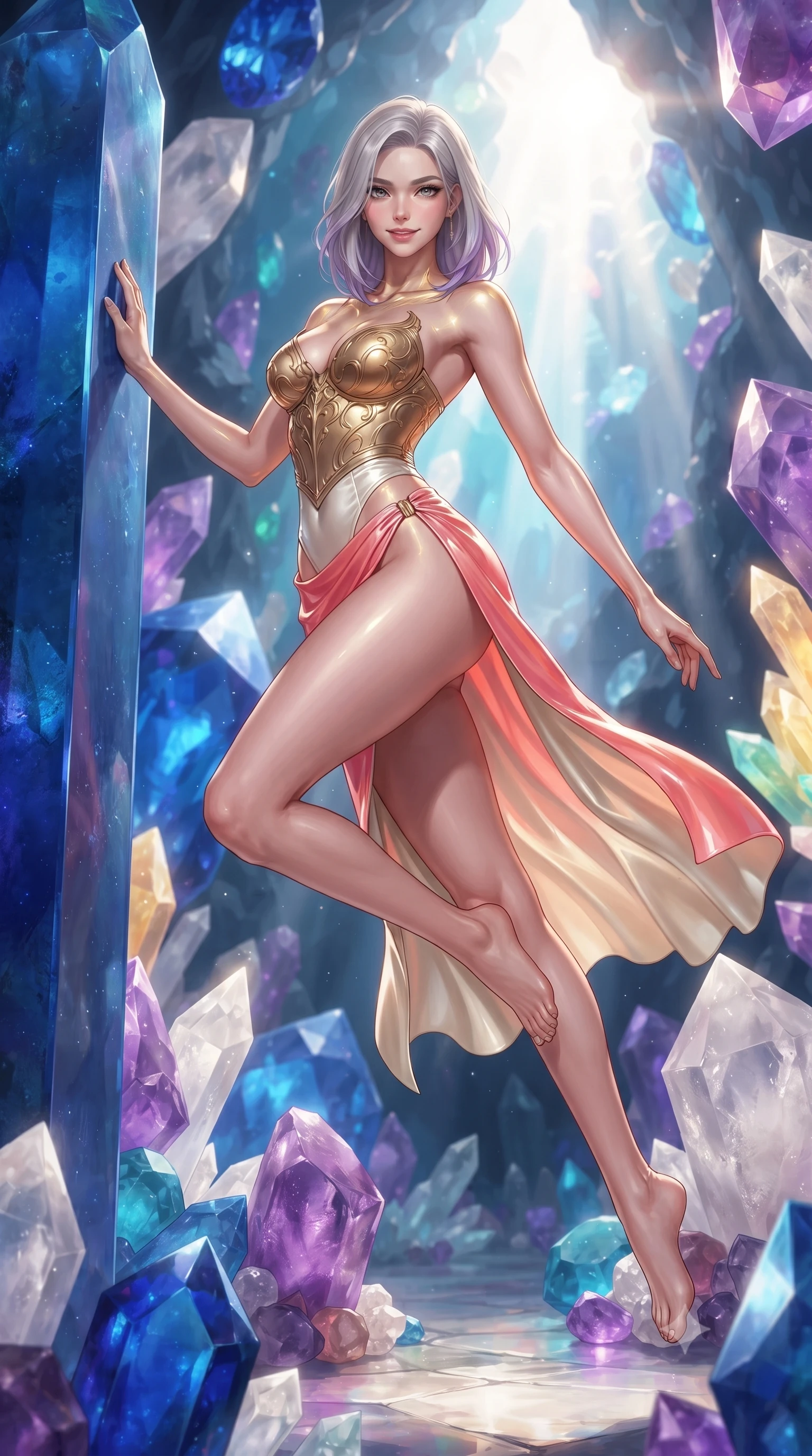 score_9, masterpiece, best quality, ultra-detailed, high-budget anime keyframe, editorial fashion photography, tasteful artistic composition, Caucasian woman. low angle full-body shot from head to toe showing her feet, filling the entire 9:16 vertical frame with her statuesque presence, stretching her vertical silhouette. leaping through mid-air with an athletic yet alluring arch of her spine, her impossibly long slender legs stretched in flawless poise while leaning against a monolithic deep blue gemstone pillar with a sovereign, captivating smile looking directly into the lens. The surrounding environment is rendered in vivid detail and crisp panoramic clarity. vivid high-contrast natural gemstone colors and solar brilliance rendered in panoramic precision. She has an absolutely perfect, statuesque 8.5-heads proportion, an exceptionally tall and slender model-like female figure with impossibly long slender legs, a toned flat midriff, and an ultra-slim waist. sharp v-shaped jawline, high-bridge nose, intricate jewel-like eyes with depth, thick eyelashes, glossy lips with a natural sheen, flawlessly proportioned anatomical accuracy, strict slender model proportions, natural body alignment, perfectly sculpted long slender limbs, ultra-slim waistline, clean dynamic posture without body distortion. wearing a sculpted golden breastplate bodice paired with high-cut white satin briefs and a fluid draped side skirt in radiant coral pink and champagne ivory, formed from high-gloss patent material with specular light reflections, finished with an ultra-high side slit secured by miniature magnetic clasps, the liquid-tight tailored fabric emphasizing every curve of her tall, slender model proportions and sculptured silhouette during dynamic movement. illuminated by crisp gold specular highlights tracing her sculpted collarbones and waistline. ultra-reflective glossy finish, specular highlights, metallic sheen, high-contrast stereoscopic depth, volumetric dynamic lighting, 2k, ultra detail, master piece, 9:16 ratio
