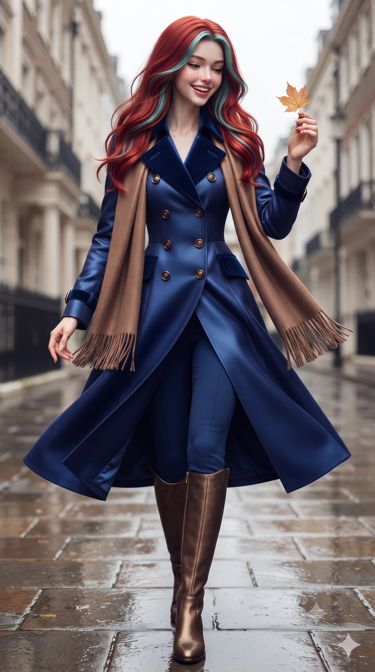 score_9, masterpiece, best quality, ultra-detailed, high-budget anime keyframe, editorial fashion photography, tasteful artistic composition, Caucasian woman. close-up cowboy shot from the waist and thighs up, the character dominates the composition, filling the frame with her large presence. holding a single autumn leaf delicately between manicured fingers, admiring it with a cheerful, parted-lip smile while walking down the rain-slicked London street with confident model strides, her trench coat fluttering with dynamic rhythm. The surrounding environment is rendered in vivid detail and crisp panoramic clarity: detailed double-breasted trench coat stitching, tortoiseshell buckle accents, and Mayfair heritage streetscape in razor-sharp precision. She has an exceptionally elegant, slender, and willowy female figure with an ultra-slim waist, flat toned midriff, narrow ribcage, and sculpted feminine hips creating an alluring, slim hourglass silhouette without bulk. sharp v-shaped jawline, high-bridge nose, intricate jewel-like sparkling eyes with depth, thick eyelashes, glossy parted lips with a natural peach sheen, bright cheerful beaming smile with an enchanting and coquettish sensual glint, exuding both youthful cute charm and seductive allure, flawlessly proportioned anatomical accuracy, strict slender model proportions, natural body alignment, perfectly sculpted long slender limbs, ultra-slim waistline, clean dynamic posture without body distortion. wearing a tailored velvet collar wool equestrian blazer paired with slim-cut riding trousers and knee-high leather boots in royal sapphire blue and antique brushed bronze, crafted from fluid mulberry silk twill with an understated lustrous pearl finish, accented with a wide brushed cashmere fringe scarf draped elegantly over one shoulder, the precision-cut high-waisted tailoring accentuating her ultra-slim waist and long slender leg line with immaculate aristocratic poise. illuminated by wet pavement specular reflections and crisp silver-amber rim lights accentuating her tall slender frame and cheekbones. ultra-reflective glossy finish, specular highlights, rich textural contrasts, high-contrast stereoscopic depth, volumetric dynamic lighting, 2k, ultra detail, master piece, 9:16 ratio