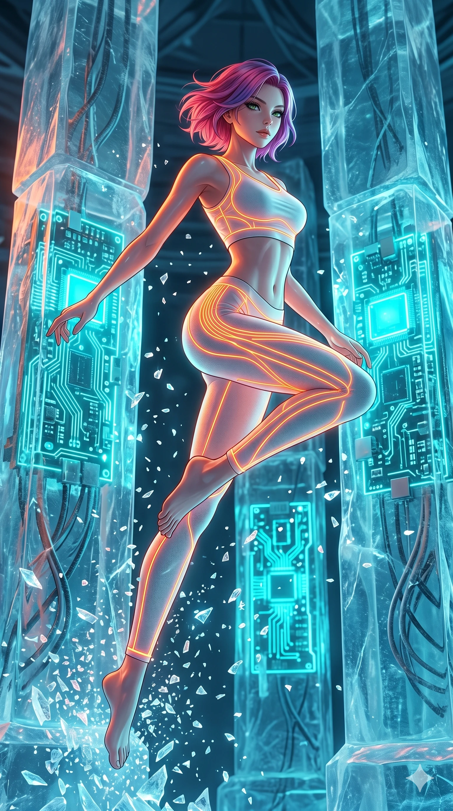 score_9, masterpiece, best quality, ultra-detailed, high-budget anime keyframe, Caucasian woman, strictly human ears. low angle full-body shot filling the entire 9:16 frame with her statuesque presence, stretching the vertical silhouette. leaping inside a sub-zero cybernetic ice temple, where glowing neon cyan computer circuit boards are frozen within transparent ice pillars, fracturing ice crystals into sparkles around her. She has an absolutely perfect 8-heads proportion, an exceptionally tall and slender female figure with impossibly long slender legs and an ultra-slim waist. V-shaped jawline, high-bridge nose, intricate jewel-like eyes with depth, thick eyelashes, glossy lips with a natural sheen.. wearing a neon filament athleisure set, featuring a tight white crop top and matching leggings woven with glowing orange neon filaments, highlighting her slender body contour. accented by dynamic color-blocked lighting with high-contrast shadows emphasizing her statuesque height. 2k, ultra detail, master piece, 9:16 ratio