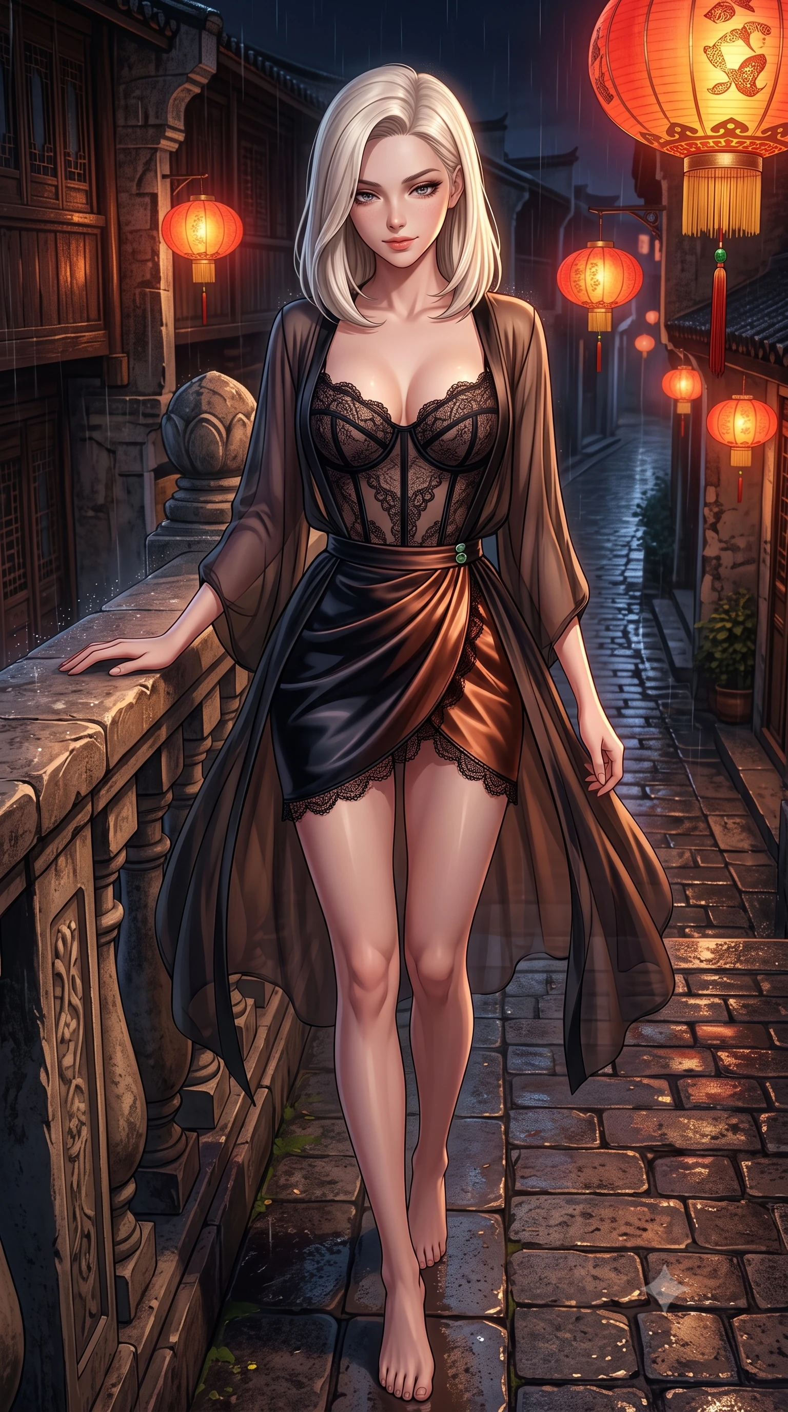 score_9, masterpiece, best quality, ultra-detailed, high-budget anime keyframe, semi-realistic 3D game render, editorial fashion photography, tasteful artistic composition, Caucasian woman. low angle full-body shot from head to toe showing her feet, filling the entire 9:16 vertical frame with her statuesque presence, stretching her vertical silhouette. stepping forward in a confident stride, her long slender legs and curvaceous hips creating a dynamic, sweeping vertical line while leaning against the carved stone balustrade with hips cocked back, looking down at cobblestone alleyways with smoldering bedroom-eyes. The surrounding environment is rendered in vivid detail and crisp panoramic clarity: detailed alluring semi-sheer silk chiffon boudoir peignoir drape, jade button accents, and heritage architecture in razor-sharp precision. She has an exceptionally tall and slender model-like 8.5-heads proportion, an ultra-slim waist, a flat toned midriff, narrow delicate ribcage, and beautifully sculpted feminine hips creating a graceful, slim hourglass silhouette without any bulky heaviness, with impossibly long slender legs. sharp v-shaped jawline, high-bridge nose, intricate jewel-like sparkling eyes with depth, thick eyelashes, glossy parted lips with a natural peach sheen, bright cheerful beaming smile with an enchanting and coquettish sensual glint, exuding both youthful cute charm and seductive allure, flawlessly proportioned anatomical accuracy, strict slender model proportions, natural body alignment, perfectly sculpted long slender limbs, ultra-slim waistline, clean dynamic posture without body distortion. wearing a sculpted underwire bustier in sheer noir lace with velvet piping paired with an ultra-short draped tulip skirt in Lofoten midnight obsidian and warm hearth copper, crafted from fluid liquid silk satin that clings smoothly to her narrow waist and rounded hips with a dewy sheen, finished with scalloped eyelash lace trim framing her sweetheart neckline with intimate elegance, the precision-cut side openings and low-back scoop framing her graceful spine and the sensual sweep of her slim, toned hips. bathed in the romantic red-and-gold 2200K glow of hanging silk lanterns contrasted with deep midnight rain ambient. highly saturated vibrant anime colors, detailed shading with soft gradients, rich glossy textures, high-contrast stereoscopic depth, volumetric dynamic lighting, master piece, 9:16 ratio