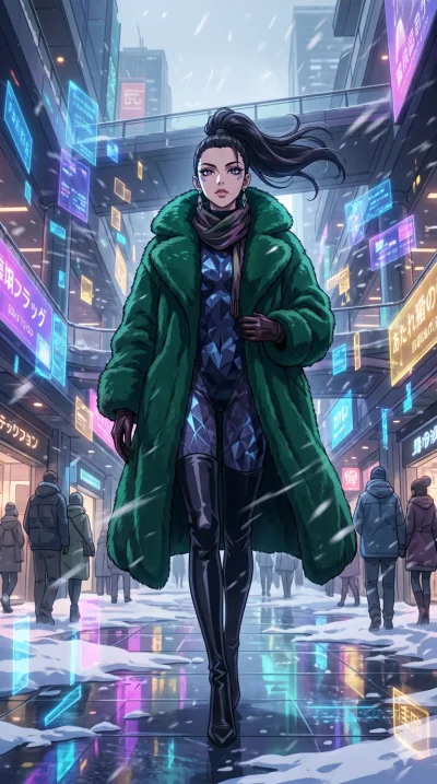 score_9, masterpiece, best quality, ultra-detailed, high-budget anime movie keyframe, cinematic anime lighting, intricate line art, Japanese woman. Low angle cowboy shot filling the entire 9:16 frame with her statuesque presence. walking through a bl