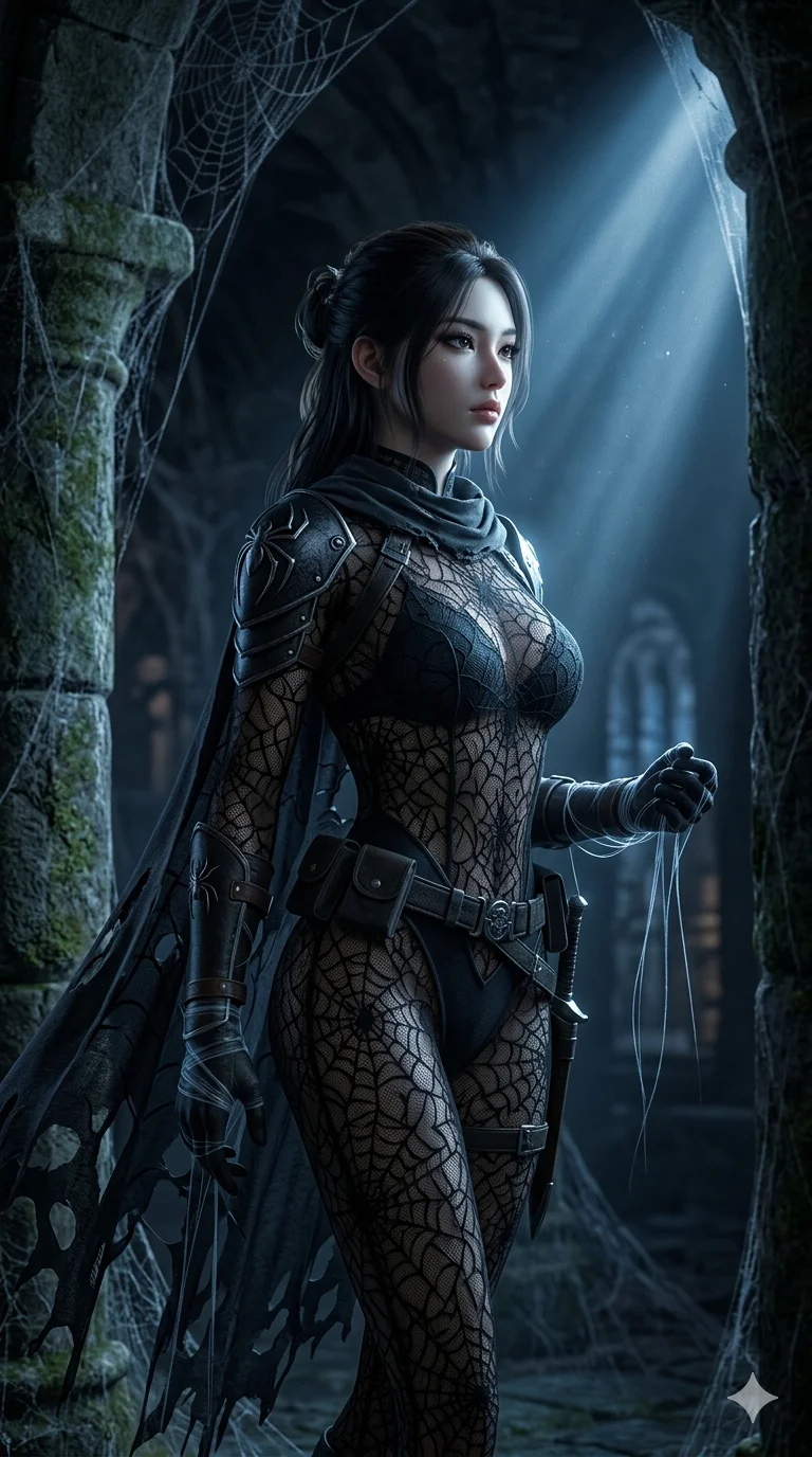 score_9, masterpiece, best quality, ultra-detailed, semi-realistic high-budget 3D game render, an incredibly beautiful Korean woman. Medium shot of upper body focusing on her alluring features and slim-fit silhouette, filling the vertical 9:16 frame. She is a spider-silk assassin waiting in the shadows. Her figure boasts an absolutely perfect 8-heads proportion, an exceptionally tall and slender build emphasizing a delicate skinny aesthetic. Her face is a highly detailed masterpiece featuring a sharp v-shaped jawline, high-bridge nose, intricate jewel-like eyes, thick eyelashes, and glossy lips. She is wearing a sensual tight-fitting spiderweb lace bodysuit. A dark cobweb-filled dungeon with a single beam of moonlight, dramatic rim lighting., 2k, ultra detail, master piece, 9:16 ratio