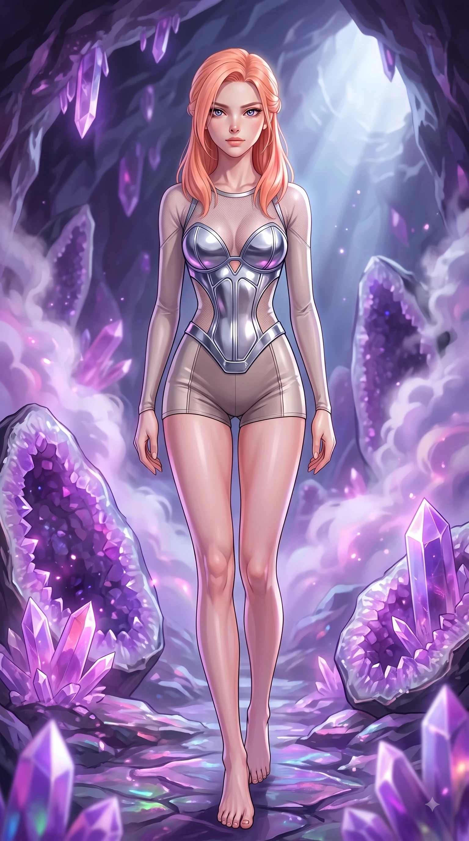 score_9, masterpiece, best quality, ultra-detailed, high-budget anime keyframe, editorial fashion photography, tasteful artistic composition, Japanese woman. low angle full-body shot from head to toe showing her feet, filling the entire 9:16 vertical frame with her statuesque presence, stretching her vertical silhouette. stepping forward in a proud dynamic stride with an alluring waist tilt, her vertical silhouette filling the frame while pivoting dynamically in a subterranean crystal cave as steam clouds scatter soft purple geode light, swirling thermal steam clouds scattering soft violet and magenta mineral light in mid-air. She has an absolutely perfect, statuesque 8.5-heads proportion, an exceptionally tall and slender model-like female figure with impossibly long slender legs and an ultra-slim waist. sharp v-shaped jawline, high-bridge nose, intricate jewel-like eyes with depth, thick eyelashes, glossy lips with a natural sheen, flawlessly proportioned anatomical accuracy, natural body alignment, perfectly sculpted elegant limbs, clean dynamic posture without body distortion. wearing a chrome-plated structured bodice worn over a sheer mesh top and micro-shorts in muted taupe and soft ivory, formed from sleek second-skin neoprene, accented with a Tasteful chest slit framing her clavicle gracefully, the tailored fabric tightly following every curve of her athletic build. illuminated by luminous purple bioluminescence and serene silver moonlight. highly saturated vibrant anime colors, detailed shading with soft gradients, rich glossy textures, high-contrast stereoscopic depth, volumetric dynamic lighting, master piece, 9:16 ratio