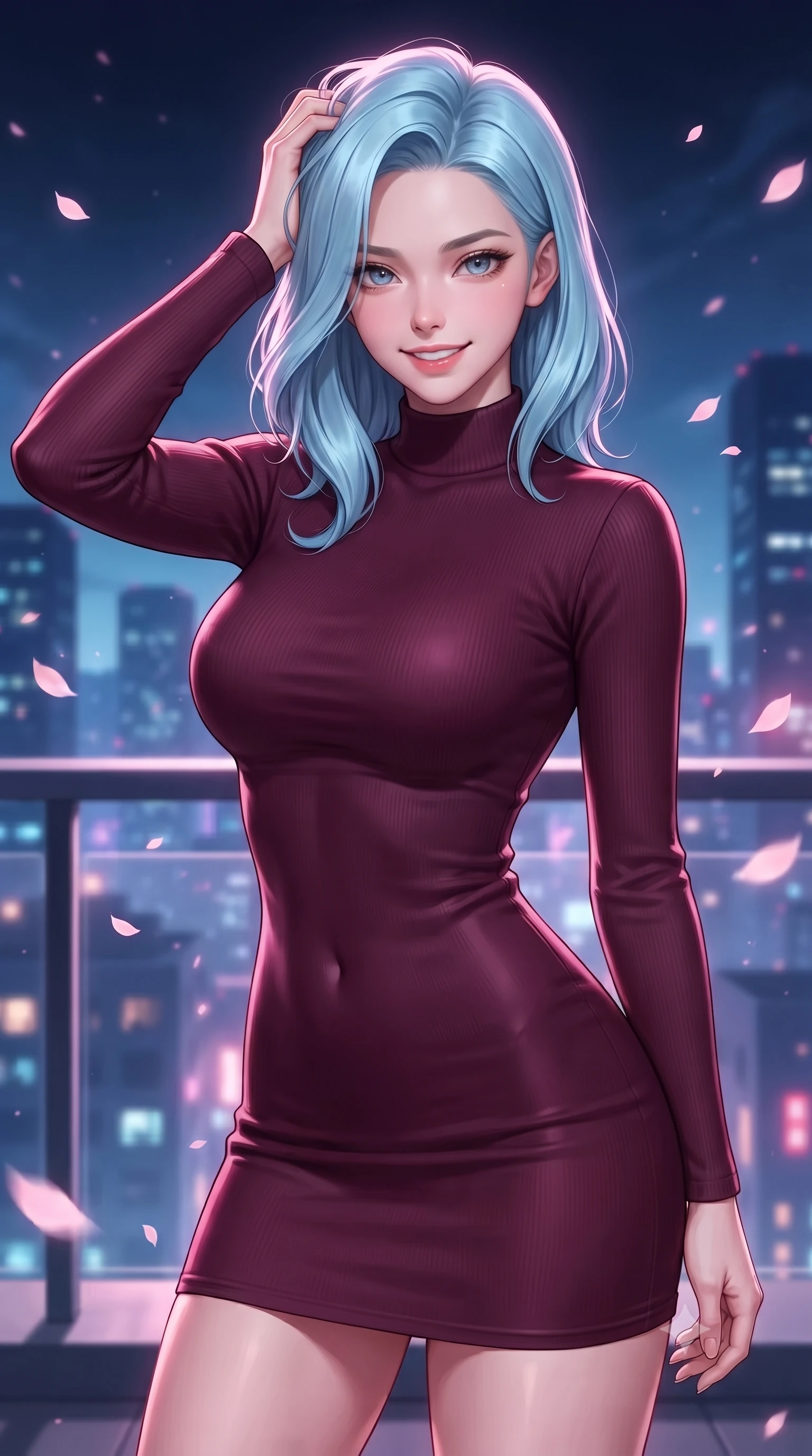 score_9, masterpiece, best quality, ultra-detailed, high-budget anime keyframe, editorial fashion photography, tasteful artistic composition, Korean woman. close-up cowboy shot from the waist and thighs up, the character dominates the composition, filling the frame with her large presence, background elements kept in soft focus. smiling with quiet, magnetic self-assurance directly into the camera, running a hand through her hair the background shows a soft-focus a quiet high-rise balcony with floating digital sakura petals drifting in the wind. She has an exceptionally elegant, slender, and willowy female figure with an ultra-slim waist, a gracefully sculpted slender torso, and a refined silhouette. sharp v-shaped jawline, high-bridge nose, intricate jewel-like eyes with depth, thick eyelashes, glossy lips with a natural sheen. wearing a slim-fit form-contouring bodycon sweater dress in deep burgundy, featuring a snug mock-neck. soft pink holographic glow blending with cool midnight city light. highly saturated vibrant anime colors, detailed shading with soft gradients, rich glossy textures, high-contrast stereoscopic depth, volumetric dynamic lighting, master piece, 9:16 ratio