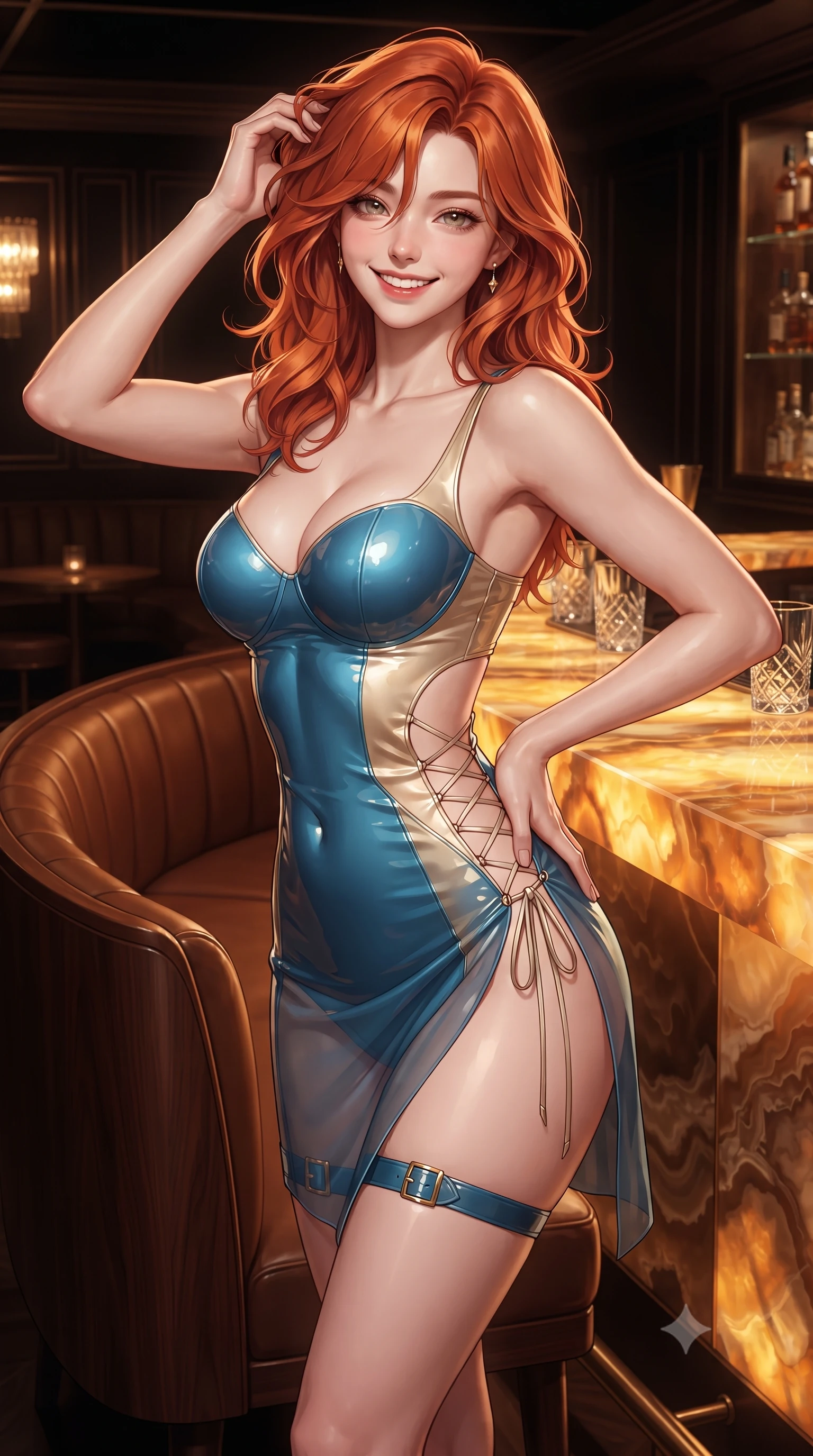 score_9, masterpiece, best quality, ultra-detailed, high-budget anime keyframe, editorial fashion photography, tasteful artistic composition, Korean woman. close-up cowboy shot from the waist and thighs up, the character dominates the composition, filling the frame with her large presence. twisting her slender torso in an alluring contrapposto stance, one hand resting on her sculpted hip while her fingers toy with her hair with effortless poise while standing beside the curved rosewood banquette with one hand on her hip, her form-fitting dress with daring cutouts commanding the room. The surrounding environment is rendered in vivid detail and crisp panoramic clarity: sharp crystalline onyx stone veining relief, cut-crystal glass facets, and polished brass bar edging in deep focus. She has an exceptionally elegant, slender, and willowy female figure with an ultra-slim waist, flat toned midriff, narrow ribcage, and sculpted feminine hips creating an alluring, slim hourglass silhouette without bulk. sharp v-shaped jawline, high-bridge nose, intricate jewel-like sparkling eyes with depth, thick eyelashes, glossy parted lips with a natural peach sheen, bright cheerful beaming smile with an enchanting and coquettish sensual glint, exuding both youthful cute charm and seductive allure, flawlessly proportioned anatomical accuracy, strict slender model proportions, natural body alignment, perfectly sculpted long slender limbs, ultra-slim waistline, clean dynamic posture without body distortion. wearing a wet-look form-fitting vinyl bustier paired with a high-slit sheer-layered wrap mini skirt and thigh-strap accents in Monaco Mediterranean azure blue and champagne gold, crafted from high-tensile reflective patent leather with sleek specular highlights, featuring fine criss-cross lace-up side ties revealing tantalizing glimpses of her hip curve, the liquid-tight tailored fabric clinging flawlessly to her narrow waist and rounded feminine hips, emphasizing every millimeter of her sculpted slim hourglass curves without any bulky heaviness. bathed in the rich, radiant warm-amber under-glow of the backlit translucent onyx slab. ultra-reflective glossy finish, specular highlights, rich textural contrasts, high-contrast stereoscopic depth, volumetric dynamic lighting, 2k, ultra detail, master piece, 9:16 ratio