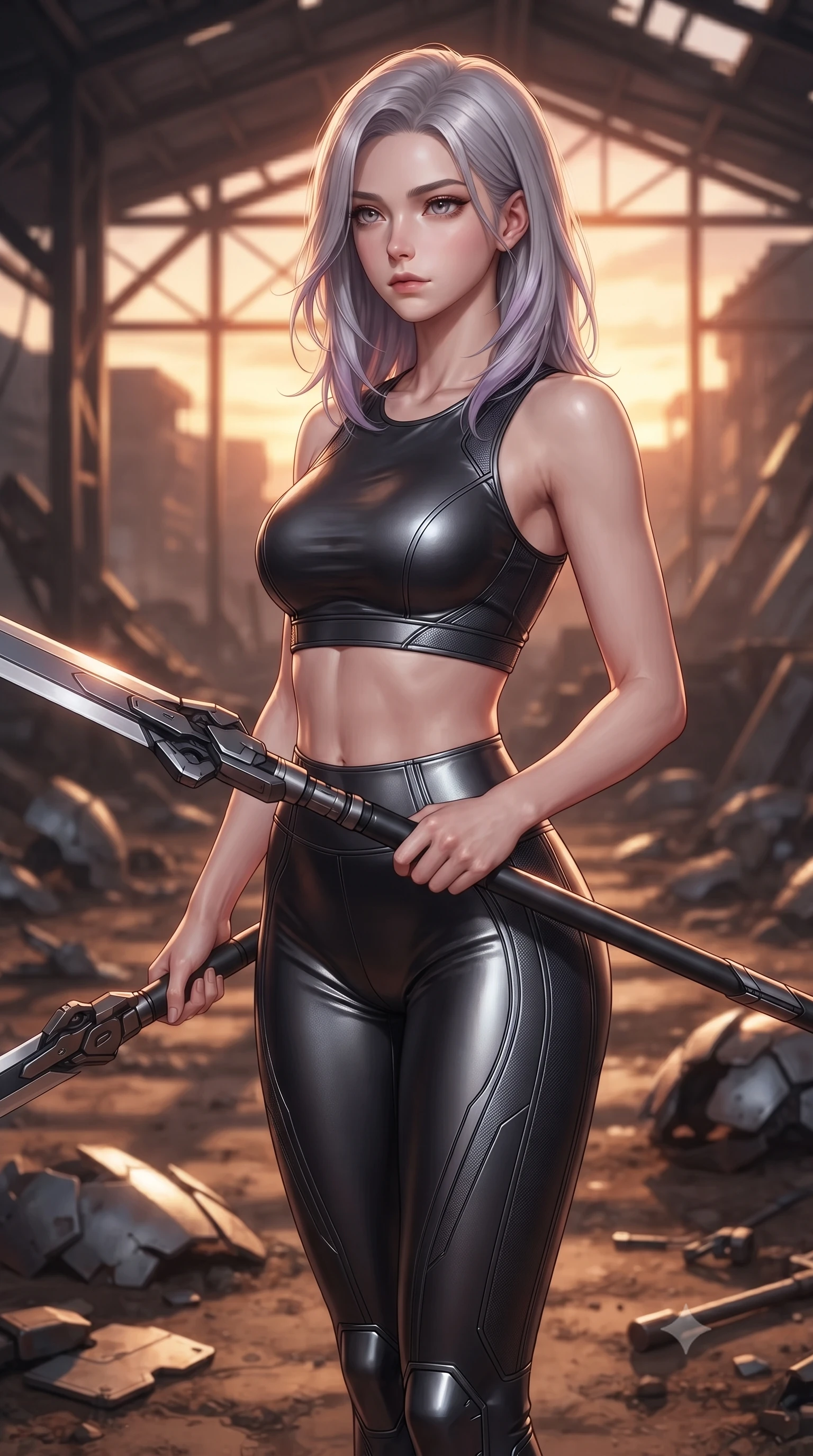 score_9, masterpiece, best quality, ultra-detailed, high-budget anime keyframe, editorial fashion photography, tasteful artistic composition, Caucasian woman. close-up cowboy shot from the waist and thighs up, the character dominates the composition, filling the frame with her large presence, background elements kept in soft focus. holding a deactivated nanotech glaive, looking past the camera with quiet, sharp focus and a composed expression, the background shows a soft-focus a ruined repair hangar with broken armor plates scattered across the soil. She has an exceptionally elegant, slender, and willowy female figure with an ultra-slim waist, a gracefully sculpted slender torso, and a refined silhouette. sharp v-shaped jawline, high-bridge nose, intricate jewel-like eyes with depth, thick eyelashes, glossy lips with a natural sheen. wearing a form-contouring form-fitting athletic crop top and matching high-waisted compression leggings in sleek carbon-black tech fabric. dramatic sunset light casting long, geometric metal shadow lines on her form. ultra-reflective glossy finish, specular highlights, metallic sheen, high-contrast stereoscopic depth, volumetric dynamic lighting, 2k, ultra detail, master piece, 9:16 ratio