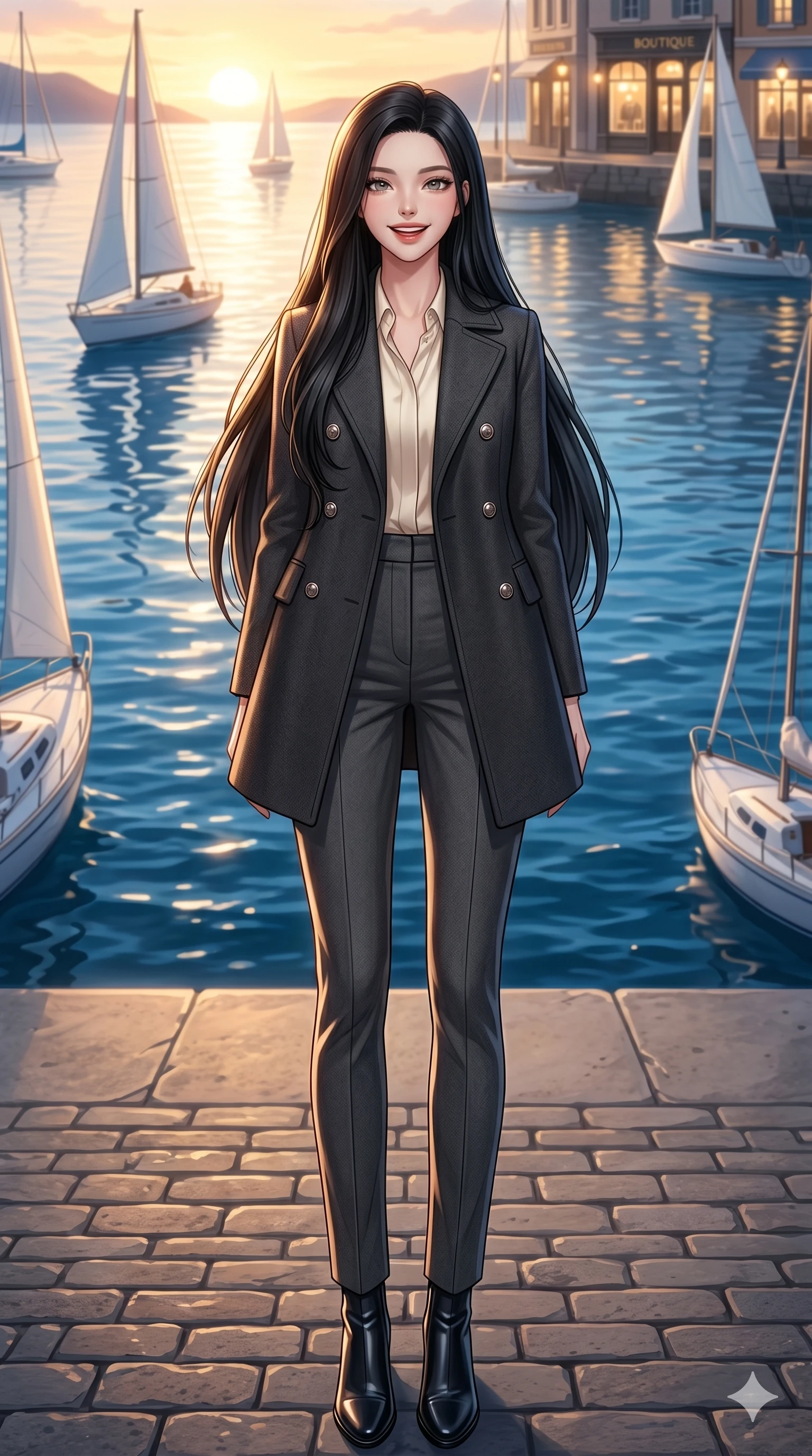 score_9, masterpiece, best quality, ultra-detailed, high-budget anime keyframe, vibrant anime aesthetic, Korean woman. low angle full-body shot from head to toe showing her feet, filling the entire 9:16 vertical frame with her statuesque presence, stretching her vertical silhouette. She is standing proud in the sun, her lips curved in a warm, lively grin by a sunny harbor promenade with white sailboats drifting on the blue water (Code-P20-036). She has an absolutely perfect 8-heads proportion, an exceptionally tall and slender female figure with impossibly long slender legs and an ultra-slim waist. V-shaped jawline, high-bridge nose, intricate jewel-like eyes with depth, thick eyelashes, glossy lips with a natural sheen. wearing a double-breasted wool coat over a blouse and tailored pants. She is soft golden twilight glow mixed with warm boutique lights, tracing her eyelashes. 2k, ultra detail, master piece, 9:16 ratio