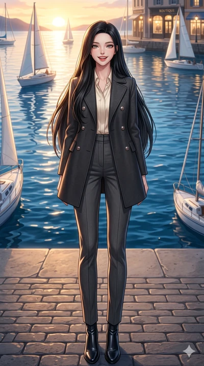 score_9, masterpiece, best quality, ultra-detailed, high-budget anime keyframe, vibrant anime aesthetic, Korean woman. low angle full-body shot from head to toe showing her feet, filling the entire 9:16 vertical frame with her statuesque presence, st