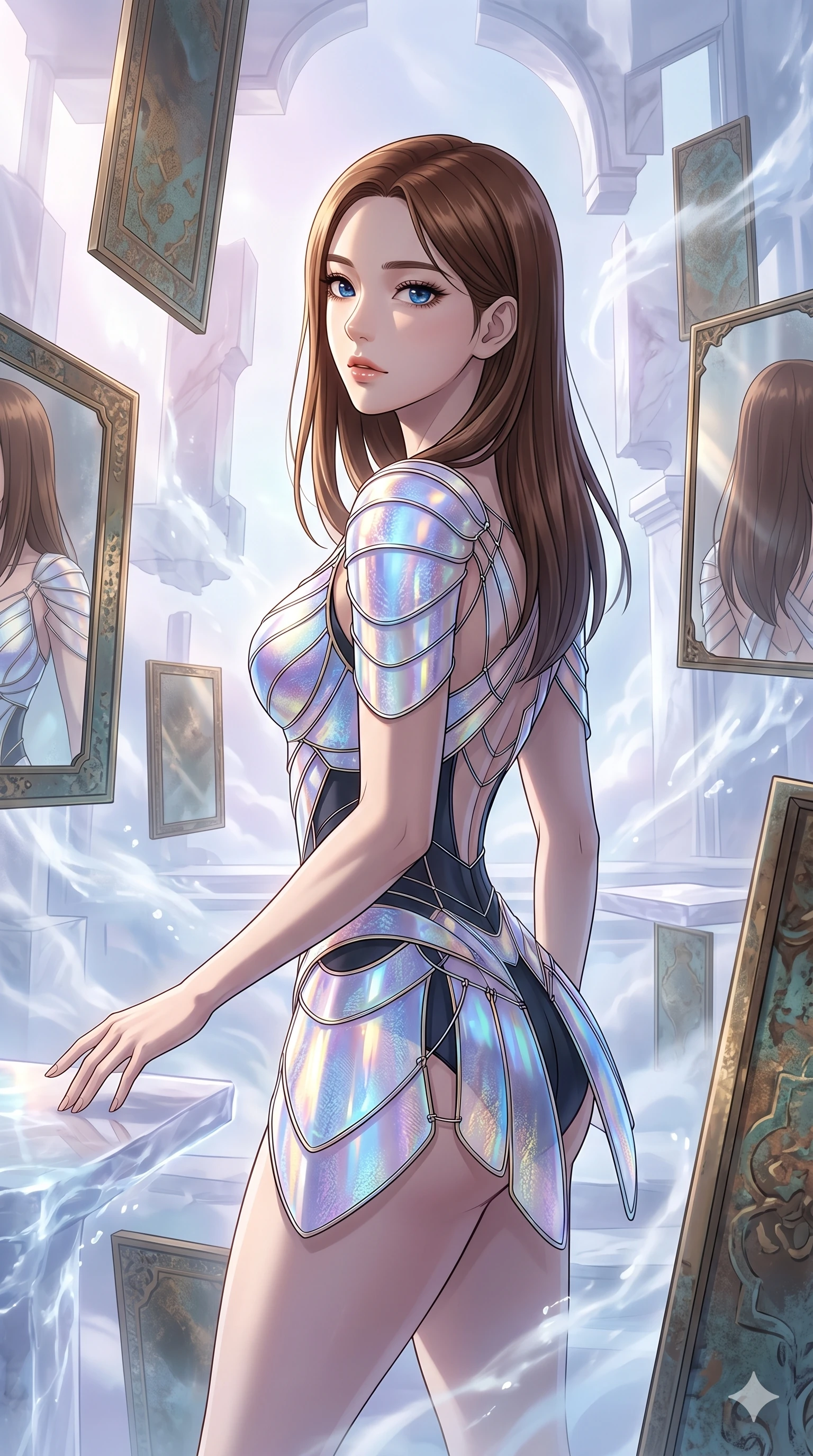 score_9, masterpiece, best quality, ultra-detailed, high-budget anime keyframe, Korean woman. upper body close-up from the thighs up, character filling the screen for maximum presence. wandering through a mirage cloud cathedral of translucent marble and water mist, surrounded by floating ancient bronze mirror walls. She has an absolutely perfect 8-heads proportion, an exceptionally tall and slender female figure with impossibly long slender legs and an ultra-slim waist. V-shaped jawline, high-bridge nose, intricate jewel-like eyes with depth, thick eyelashes, glossy lips with a natural sheen.. wearing a holographic ribbon shell armor, featuring thin iridescent plates linked by wire straps over a sleek structured base layer. lit by a soft glowing ambient light and a sharp side key light that traces the sleek contours of her athletic build. 2k, ultra detail, master piece, 9:16 ratio