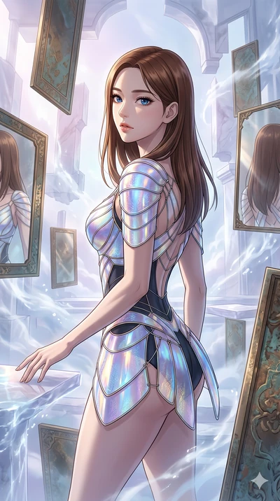 score_9, masterpiece, best quality, ultra-detailed, high-budget anime keyframe, Korean woman. upper body close-up from the thighs up, character filling the screen for maximum presence. wandering through a mirage cloud cathedral of translucent marble 