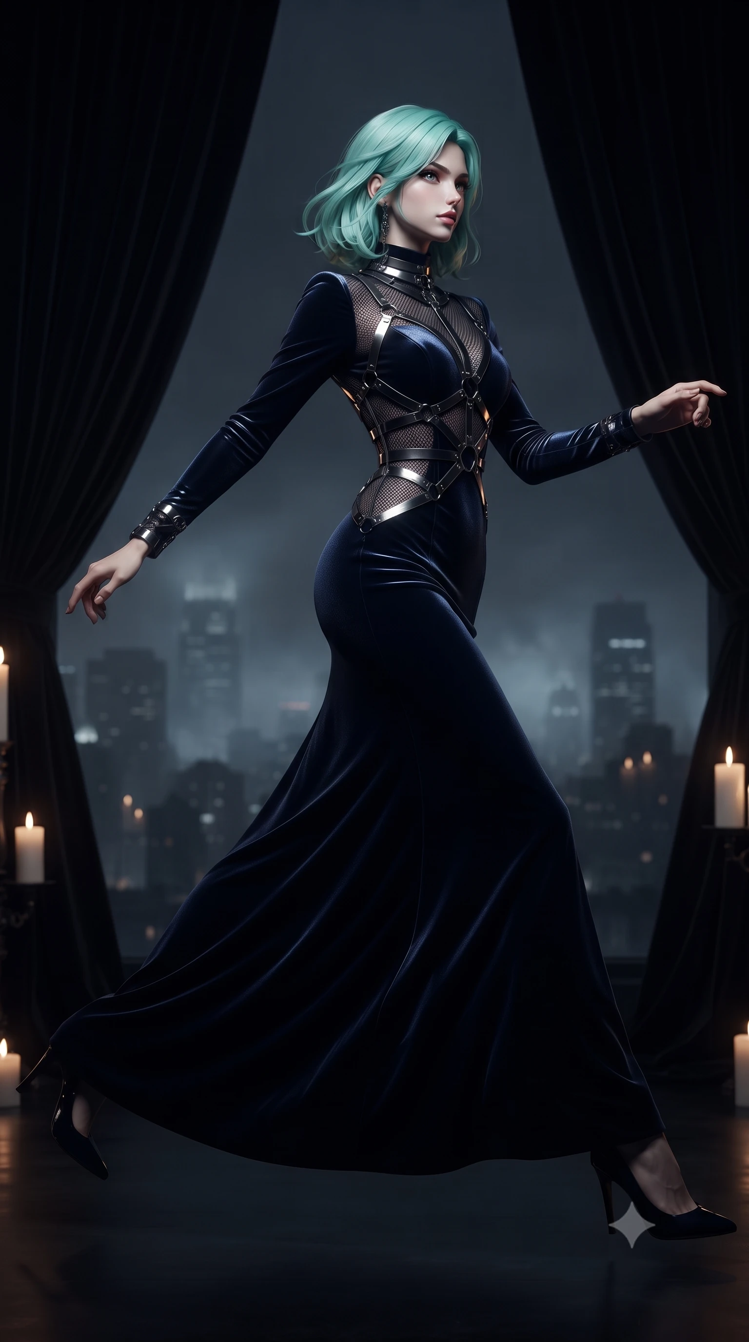 score_9, masterpiece, best quality, ultra-detailed, high-budget anime keyframe, editorial fashion photography, tasteful artistic composition, Japanese woman. low angle full-body shot from head to toe showing her feet, filling the entire 9:16 vertical frame with her statuesque presence, stretching her vertical silhouette. leaping dynamically through the pitch-black void, her posture full of power and elegance, gazing out over misty night city lights from a secluded pitch-dark penthouse terrace, heavy black velvet drapery swallowing ambient light into deep shadows. She has an absolutely perfect, statuesque 8.5-heads proportion, an exceptionally tall and slender model-like female figure with impossibly long slender legs and an ultra-slim waist. sharp v-shaped jawline, high-bridge nose, intricate jewel-like eyes with depth, thick eyelashes, glossy lips with a natural sheen. wearing floor-length high-neck midnight navy velvet gown with long sleeves in metallic dark silver, made of fine dark contouring mesh, highlighted by a gunmetal metallic harness structure, highlighting her statuesque proportions and ultra-slim waistline. drenched in moody chiaroscuro with soft candle glow and deep dark tones. ultra-reflective glossy finish, specular highlights, metallic sheen, high-contrast stereoscopic depth, volumetric dynamic lighting, 2k, ultra detail, master piece, 9:16 ratio