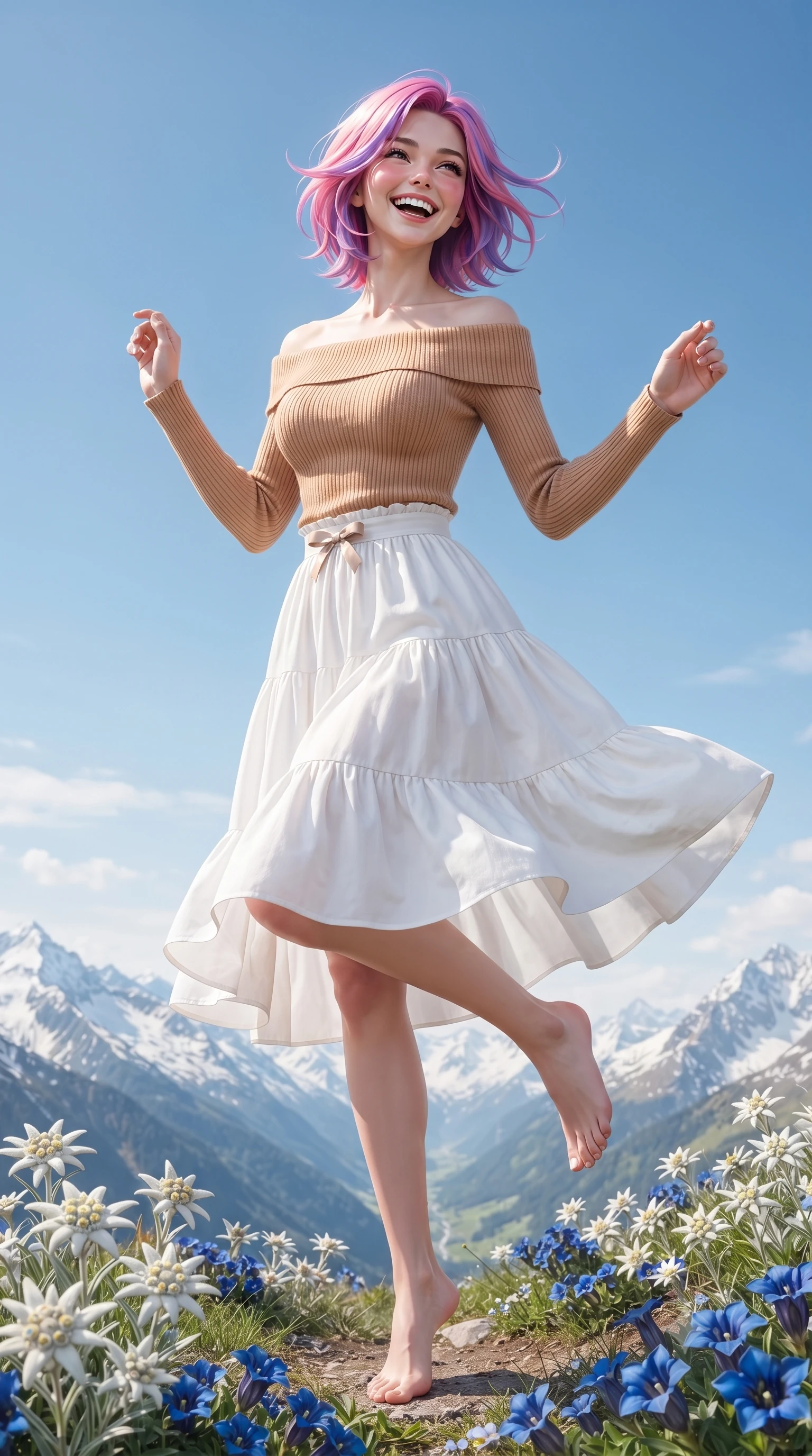 score_9, masterpiece, best quality, ultra-detailed, high-budget anime keyframe, editorial fashion photography, tasteful artistic composition, Caucasian woman. low angle full-body shot from head to toe showing her feet, filling the entire 9:16 vertical frame with her statuesque presence, stretching her vertical silhouette. standing poised on one leg with a playful hop and joyful expression, her long legs and slender figure highlighted against the landscape while turning with a joyful laugh as the crisp alpine mountain breeze gently lifts her soft hair against the clear blue sky. The surrounding environment is rendered in vivid detail and crisp panoramic clarity. sharp snowcapped Alpine ridge lines, vibrant edelweiss and blue gentian petals, and green pine slopes in crisp panoramic clarity. She has an absolutely perfect, statuesque 8.5-heads proportion, an exceptionally tall and slender model-like female figure with impossibly long slender legs, a toned flat midriff, and an ultra-slim waist. sharp v-shaped jawline, high-bridge nose, intricate jewel-like eyes with depth, thick eyelashes, glossy lips with a natural sheen, pure and lovely fresh girlhood expression, flawlessly proportioned anatomical accuracy, strict slender model proportions, natural body alignment, perfectly sculpted long slender limbs, ultra-slim waistline, clean dynamic posture without body distortion. wearing a fresh off-shoulder ribbed knit top paired with a tiered white cotton midi skirt in warm caramel and cream vanilla, made of comfortable premium stretch denim and airy cotton-jersey, accented with a dainty ribbon bow at the waistline, the breezy lightweight fabric fluttering softly against her delicate collarbones, narrow waist, and feminine curves. surrounded by a fresh, uplifting, and enchantingly pure alpine girlhood aura. ultra-reflective glossy finish, specular highlights, rich natural textures, high-contrast stereoscopic depth, volumetric dynamic lighting, 2k, ultra detail, master piece, 9:16 ratio