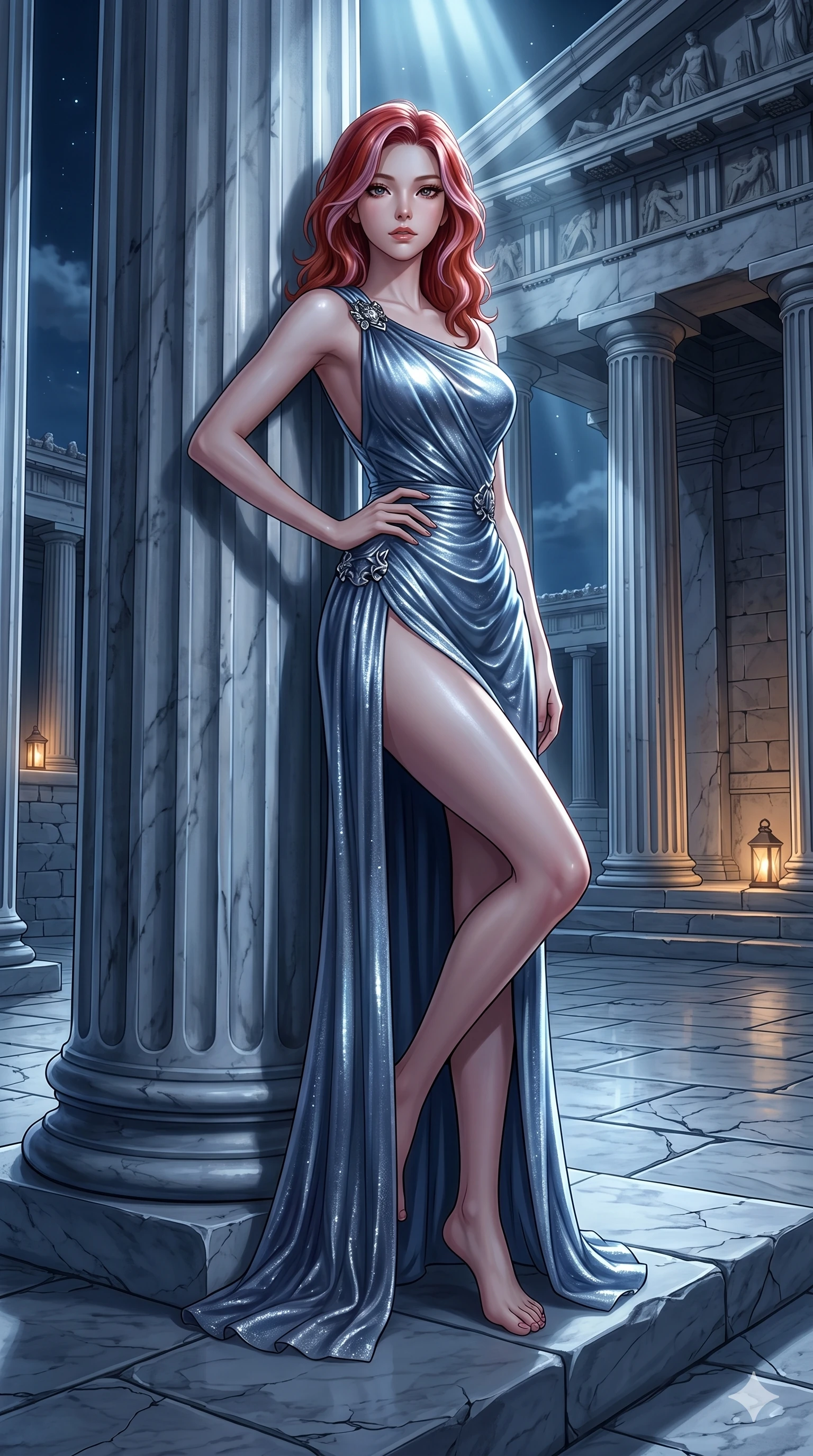 score_9, masterpiece, best quality, ultra-detailed, High-budget Anime Keyframe, East Asian woman. Low angle cowboy shot filling the entire 9:16 frame with her statuesque presence. Scenario 183: Leaning against a cold marble pillar in a moonlit greek temple. Her presence is magnetic and overpowering in this high-budget anime scene. Outfit 183: A shimmering chiffon liquid with a thigh-high slit and metallic buckles. The clothing is designed to emphasize her exceptionally tall and slender 8-heads proportion. 8-heads proportion, towering silhouette, ultra-slim waist. sharp v-shaped jawline, intricate jewel-like eyes with depth, thick eyelashes, glossy lips. 2k, ultra detail, master piece, 9:16 ratio