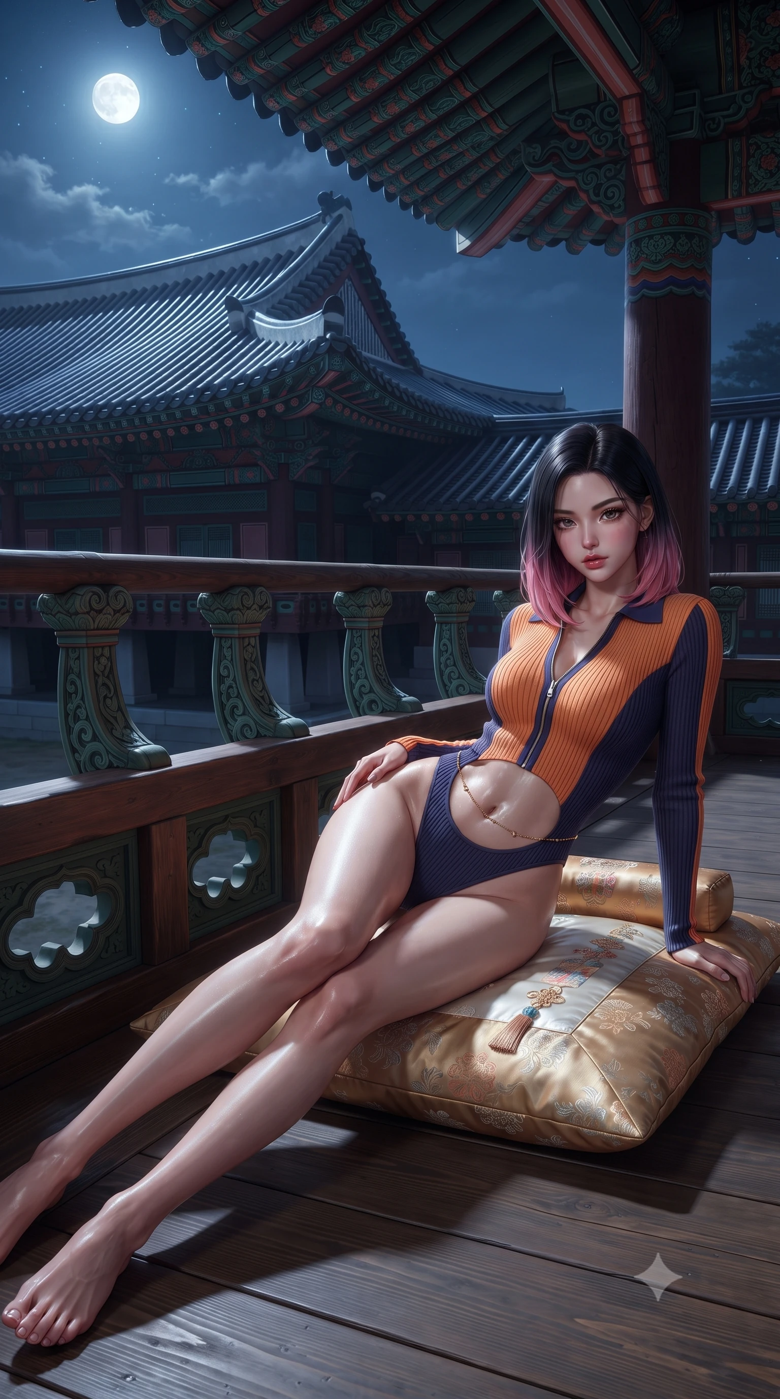 score_9, masterpiece, best quality, ultra-detailed, high-budget anime keyframe, editorial fashion photography, tasteful artistic composition, Korean woman. low angle full-body shot from head to toe showing her feet, filling the entire 9:16 vertical frame with her statuesque presence, stretching her vertical silhouette. leaning deep against the balcony balustrade with hips cocked back in an unapologetically alluring high-fashion stance, casting an intoxicating glance while lounging languidly on an antique silk floor cushion propped on one elbow, her flat midriff and long slender legs commanding the moonlit pavilion vista. The surrounding environment is rendered in vivid detail and crisp panoramic clarity: detailed embroidered silk norigae weave, moonlight glints on skin, and historic royal pavilion architecture in razor-sharp precision. She has an absolutely perfect, statuesque 8.5-heads proportion, an exceptionally tall and slender model-like female figure with impossibly long slender legs, an ultra-slim waist, a flat toned midriff, narrow delicate ribcage, and beautifully sculpted feminine hips creating a graceful, slim hourglass silhouette without any bulky heaviness. sharp v-shaped jawline, high-bridge nose, sparkling eyes with hypnotic seductive depth, thick curled eyelashes, glossy parted lips with a natural dewy peach sheen, alluring bedroom-eyes with an enchanting coquettish smile, exuding magnetic siren charisma and sophisticated glamour, flawlessly proportioned anatomical accuracy, strict slender model proportions, natural body alignment, perfectly sculpted long slender limbs, ultra-slim waistline, clean dynamic posture without body distortion. wearing a retro-chic ribbed knit polo bodysuit with a plunging front zipper and high-cut leg openings in sunset tangerine orange and deep navy indigo, made of delicate semi-sheer Korean gossamer organza with subtle pearlescent glints, finished with a dainty gold belly chain resting across her flat midriff and curving hips, the high-slit wrap tailoring accentuating her ultra-slim waistline and the enchanting curve of her feminine hips with alluring seductive charm. illuminated by pond surface moonbeam bounce and sharp platinum rim lights sculpting her razor-sharp jawline, narrow waist, and curvy hips. ultra-reflective glossy finish, specular highlights, rich textural contrasts, high-contrast stereoscopic depth, volumetric dynamic lighting, 2k, ultra detail, master piece, 9:16 ratio