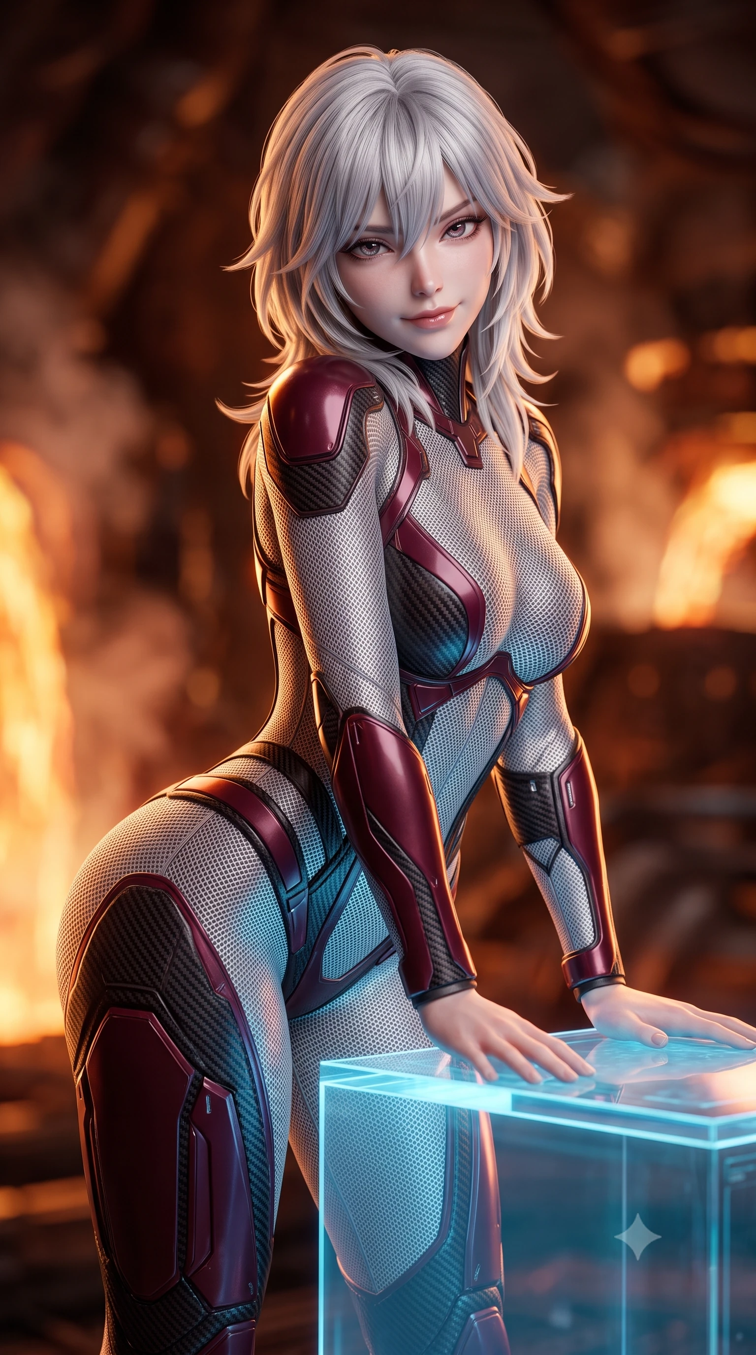 score_9, masterpiece, best quality, ultra-detailed, high-budget anime keyframe, semi-realistic 3D game render, editorial fashion photography, tasteful artistic composition, Japanese woman. close-up cowboy shot from the waist and thighs up, the character dominates the composition, filling the frame with her large presence. resting both hands lightly on the holoscreen pedestal while leaning toward the lens with a teasing smirk, her tight combat suit hugging her narrow waist and feminine hip curve while resting one hand on the control valve wheel while glancing back, her tight thermal combat suit hugging her narrow waist and curvy hips. The background shows a soft-focus roaring geothermal plasma conduits and swirling subterranean steam blurred into fiery orange, amber, and deep copper bokeh. She has an exceptionally elegant, slender, and willowy female figure with an ultra-slim waist, flat toned midriff, narrow ribcage, and sculpted feminine hips creating an alluring, slim hourglass silhouette without bulk. sharp v-shaped jawline, high-bridge nose, intricate jewel-like sparkling eyes with depth, thick eyelashes, glossy parted lips with a natural sheen, bright confident smile with an enchanting and coquettish sensual glint, exuding both youthful magnetic charm and sovereign high-tech allure, flawlessly proportioned anatomical accuracy, strict slender model proportions, natural body alignment, perfectly sculpted long slender limbs, ultra-slim waistline, clean dynamic posture without body distortion. wearing a form-contouring delicate silver nano-mesh bodysuit with strategically placed chrome armor plate guards covering key curves in deep wine crimson and dark carbon weave, crafted from sheer technical cyber-lace reinforced with ultra-thin Kevlar threads, finished with delicate carbon-fiber boning framing the narrow waistline, the aerodynamic second-skin silhouette tightly following the natural contour of her hips and long slender legs with youthful 8.5-heads elegance. bathed in dynamic fiery orange and molten amber glow from geothermal pipes contrasting with cool shadows. highly saturated vibrant anime colors, detailed shading with soft gradients, rich glossy textures, high-contrast stereoscopic depth, volumetric dynamic lighting, master piece, 9:16 ratio