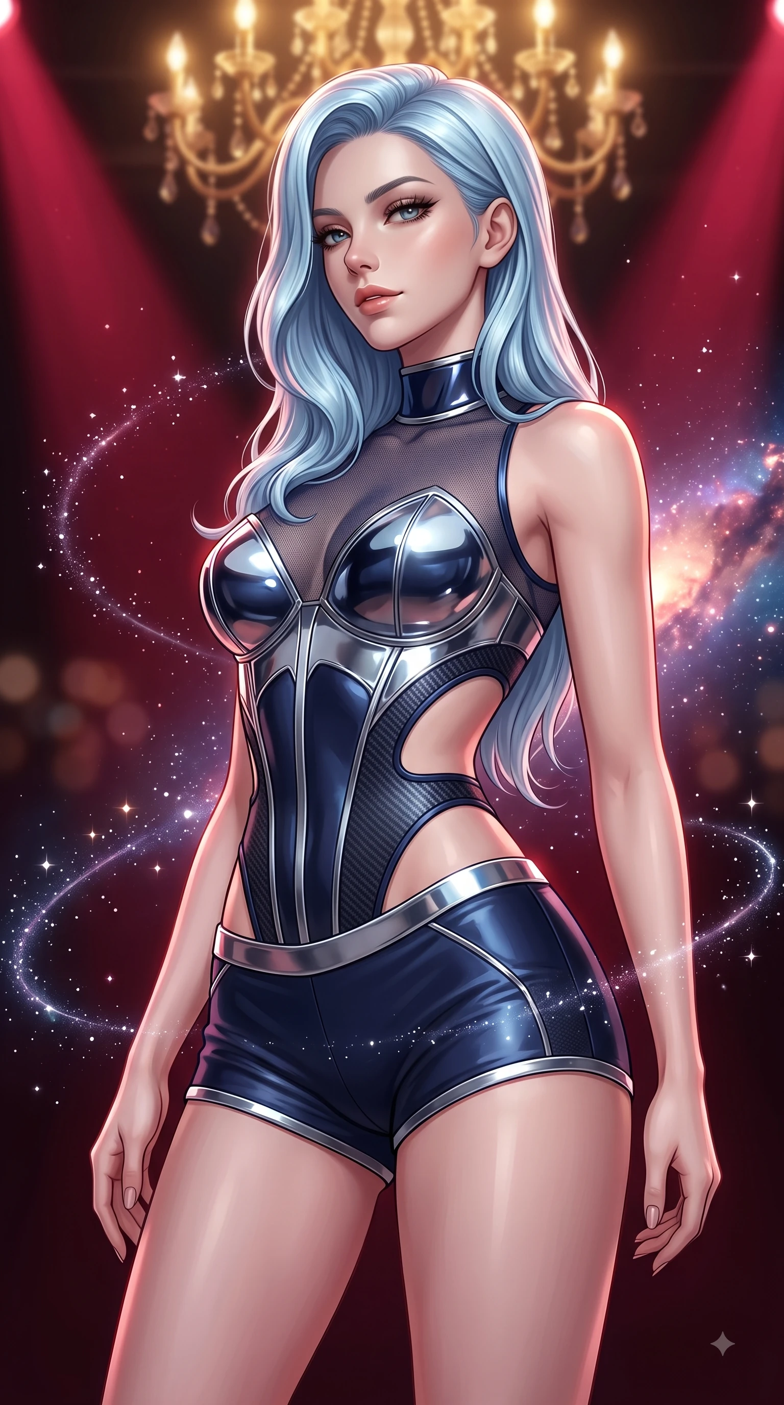 score_9, masterpiece, best quality, ultra-detailed, high-budget anime keyframe, editorial fashion photography, tasteful artistic composition, Korean woman. close-up cowboy shot from the waist and thighs up, the character dominates the composition, filling the frame with her large presence, background elements kept in soft focus. Casting a seductive sidelong gaze over her bare shoulder with heavy lashes and a composed half-smile while poised in a dramatic low-angle stance as deep crimson theatrical spotlights isolate her figure, floating starlight dust drifting around her in dynamic orbital paths. She has an exceptionally elegant, slender, and willowy female figure with an ultra-slim waist, a gracefully sculpted slender torso, and a refined silhouette. sharp v-shaped jawline, high-bridge nose, intricate jewel-like eyes with depth, thick eyelashes, glossy lips with a natural sheen, flawlessly proportioned anatomical accuracy, natural body alignment, perfectly sculpted elegant limbs, clean dynamic posture without body distortion. wearing a chrome-plated structured bodice worn over a sheer mesh top and micro-shorts in midnight navy blue and chrome trim, made of fine carbon-fiber weave and soft matte leather, featuring clean architectural cutouts along her slender torso, the form-contouring material highlighting her ultra-slim waist and long lines. illuminated by radiant cosmic nebula light and warm golden chandelier glow. ultra-reflective glossy finish, specular highlights, metallic sheen, high-contrast stereoscopic depth, volumetric dynamic lighting, 2k, ultra detail, master piece, 9:16 ratio