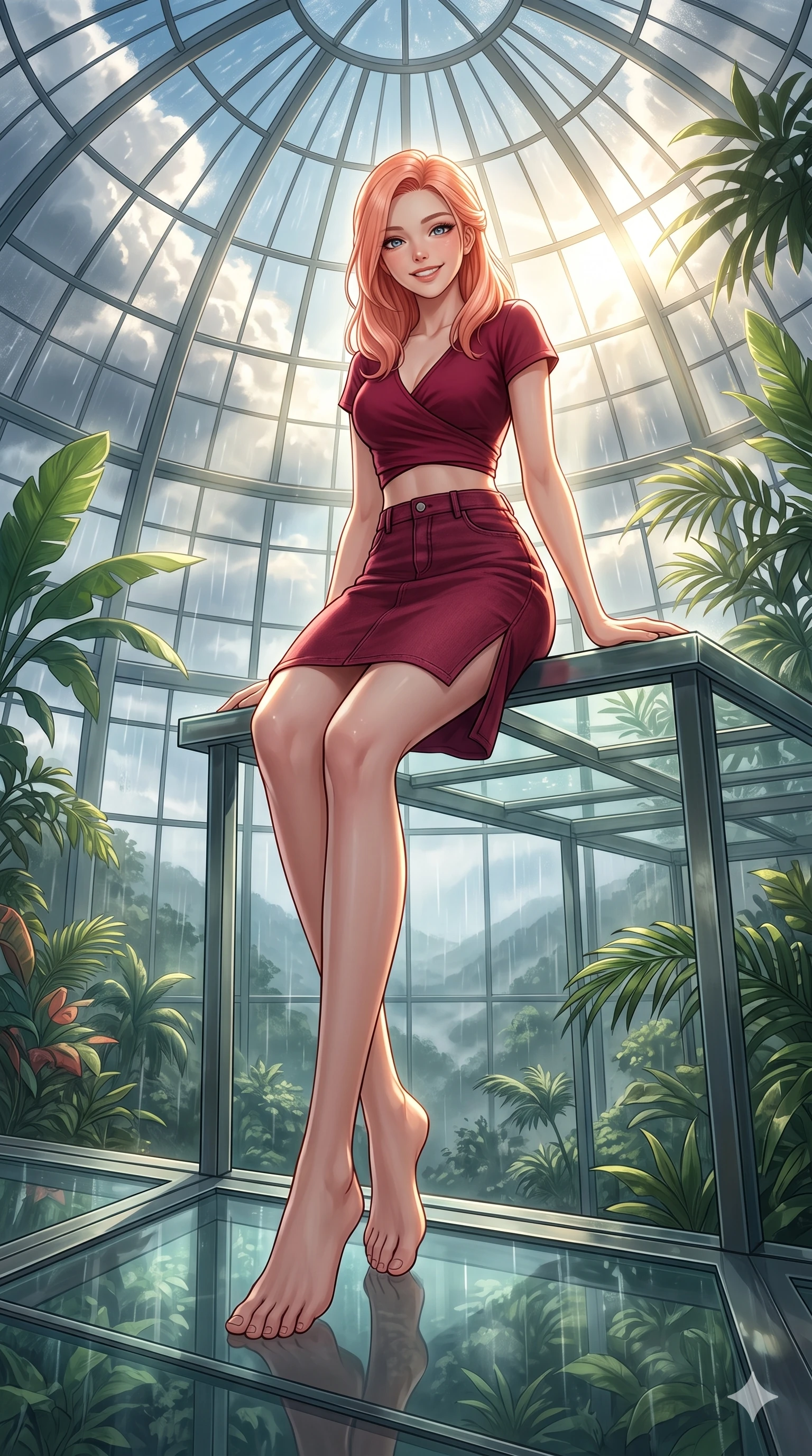 score_9, masterpiece, best quality, ultra-detailed, high-budget anime keyframe, vibrant anime aesthetic, Japanese woman. low angle full-body shot from head to toe showing her feet, filling the entire 9:16 vertical frame with her statuesque presence, stretching her vertical silhouette. She is sitting by a glass greenhouse table, smiling warmly at the camera, her eyes shining with genuine joy under the glass conservatory dome. standing on a floating observation deck of a nature center conservatory, overlooking a misty rainy valley (Code-P22-050). She has an absolutely perfect 8-heads proportion, an exceptionally tall and slender female figure with impossibly long slender legs and an ultra-slim waist. V-shaped jawline, high-bridge nose, intricate jewel-like eyes with depth, thick eyelashes, glossy lips with a natural sheen. wearing a cropped wrap top and a matching denim skirt with a refined side vent in deep crimson. She is bathed in brilliant midday sunbeams breaking through storm clouds, creating a glowing aura, creating a cinematic, high-budget anime lighting effect in the cozy indoor garden. 2k, ultra detail, master piece, 9:16 ratio