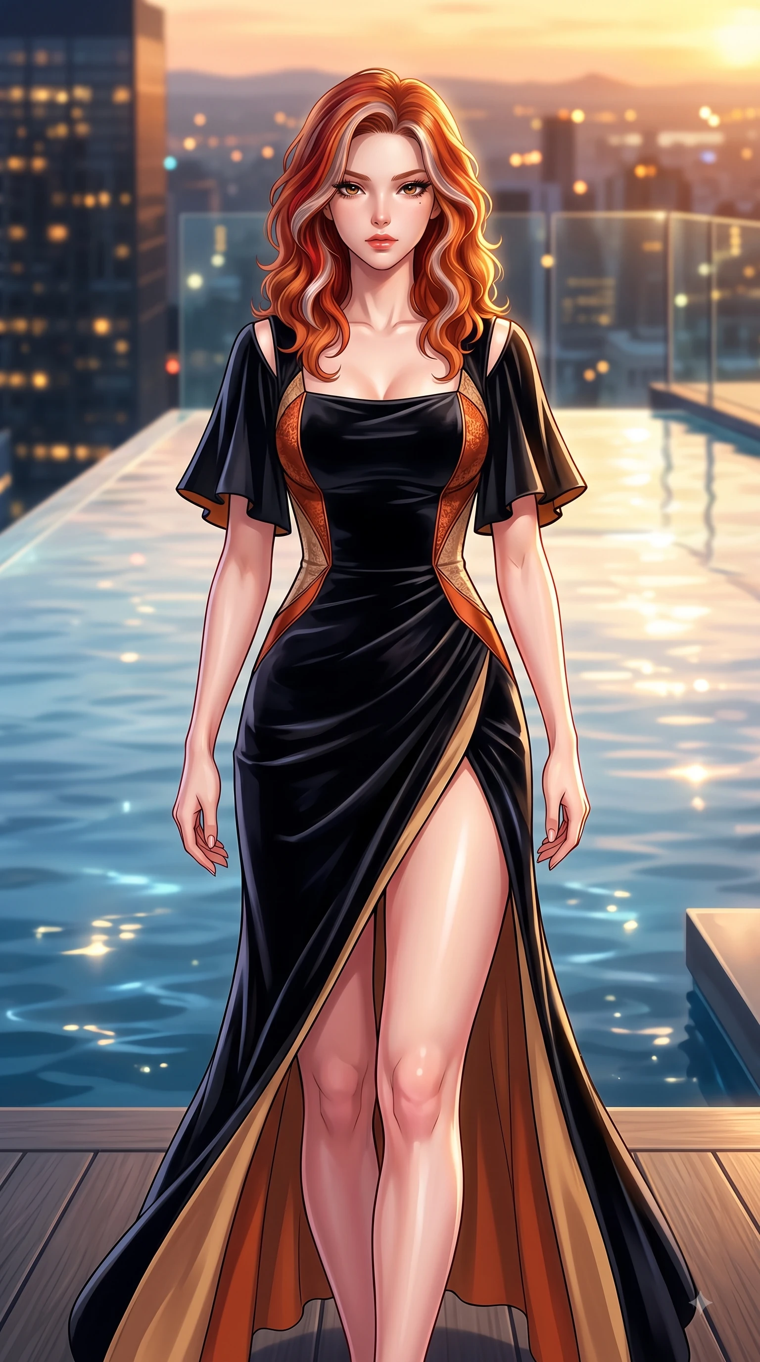 score_9, masterpiece, best quality, ultra-detailed, high-budget anime keyframe, editorial fashion photography, tasteful artistic composition, Caucasian woman. close-up cowboy shot from the waist and thighs up, the character dominates the composition, filling the frame with her large presence. Haughty, chic expression with a poised chin-tilt and an aloof, magnetic gaze commanding attention while stepping gracefully onto an open-air rooftop lounge as golden sunset city lights twinkle. The composition keeps background elements in soft focus with dreamy bokeh. infinity pool water reflections and glass railings softened in smooth shallow focus. She has an exceptionally elegant, slender, and willowy female figure with an ultra-slim waist, a gracefully sculpted slender torso, and a refined silhouette. sharp v-shaped jawline, high-bridge nose, intricate jewel-like eyes with depth, thick eyelashes, glossy lips with a natural sheen, flawlessly proportioned anatomical accuracy, natural body alignment, perfectly sculpted elegant limbs, clean dynamic posture without body distortion. wearing a dramatic black velvet evening gown with a high leg slit and subtle shoulder cutouts in burnt orange and warm camel beige, made of fine lace weave and soft satin jersey, featuring elegant flutter sleeves and a graceful square neckline, the form-contouring material accentuating her ultra-slim waist and long lines. illuminated by crisp specular highlights from infinity pool reflections and city lights. highly saturated vibrant anime colors, detailed shading with soft gradients, rich glossy textures, high-contrast stereoscopic depth, volumetric dynamic lighting, master piece, 9:16 ratio