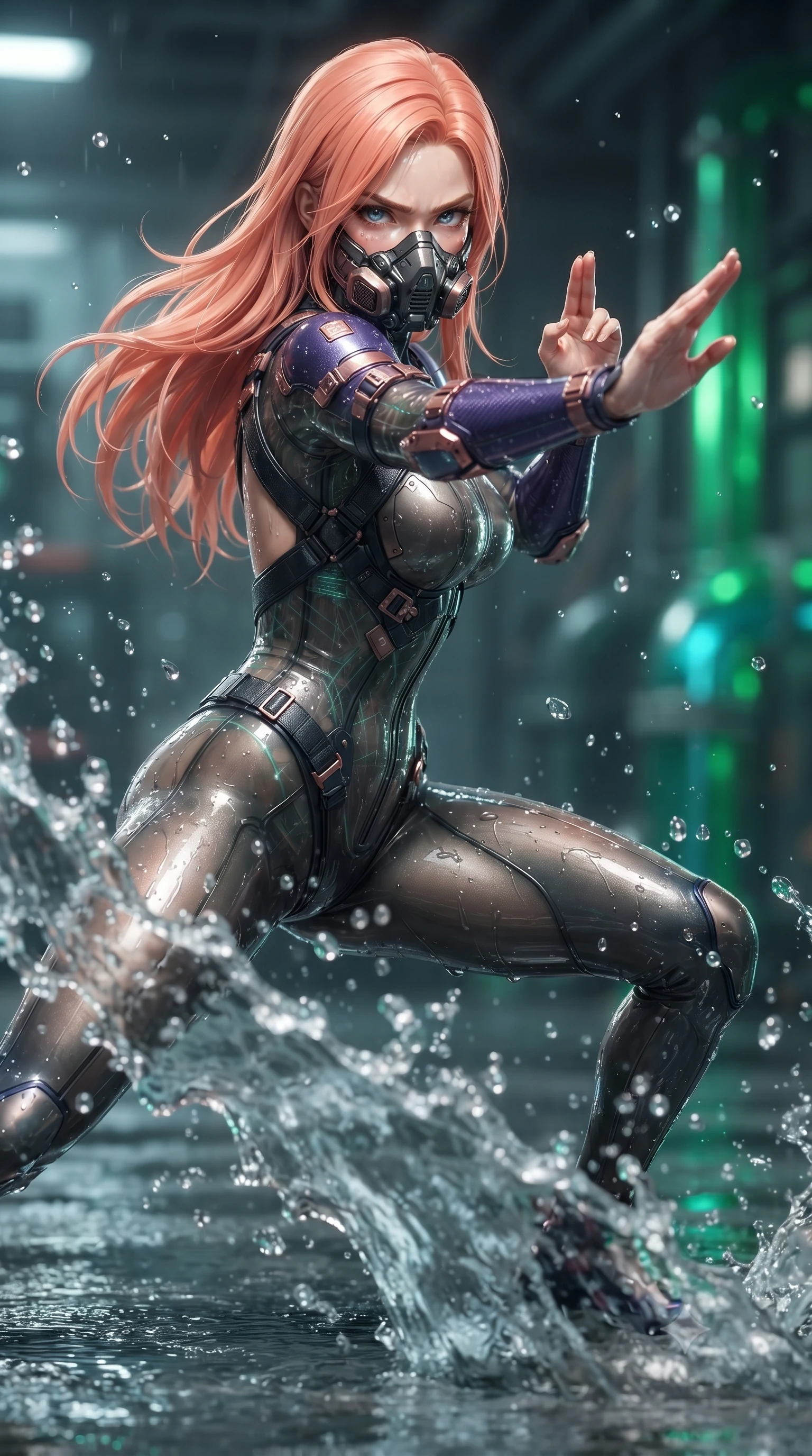 score_9, masterpiece, best quality, ultra-detailed, high-budget anime keyframe, editorial fashion photography, tasteful artistic composition, Japanese woman. close-up cowboy shot from the waist and thighs up, the character dominates the composition, filling the frame with her large presence. twisting her upper body in a dynamic S-curve martial arts stance, cybernetic elbow dampers glowing with blue energy as she aims a focused palm strike while sliding across the wet floor into a low sweep stance, sending a high-pressure wave of water cascading toward the camera. The composition keeps background elements in soft focus with creamy bokeh. splashing water droplets and glowing green biochemical drain pipes blurred into radiant emerald, cyan, and charcoal bokeh. She has an exceptionally elegant, slender, and willowy female figure with an ultra-slim waist, a gracefully sculpted slender torso, toned flat midriff, and a refined slim silhouette. sharp v-shaped jawline, high-bridge nose, intricate jewel-like eyes with depth, thick eyelashes, glossy lips with a natural sheen, fierce and resolute heroine expression, flawlessly proportioned anatomical accuracy, strict slender model proportions, natural body alignment, perfectly sculpted long slender limbs, ultra-slim waistline, clean dynamic posture without body distortion. wearing a sleek titanium half-face combat rebreather guard protecting her lower jaw while leaving her expressive eyes and long hair flowing freely, paired with a tailored tactical combat jumpsuit with an open-back harness design, reinforced composite breastplate, and high-mobility elbow dampers in royal purple carbon fiber with distressed rose-gold hardware and buckles, crafted from semi-translucent cybernetic carbon-vinyl interwoven with glowing micro-filaments, reinforced by a heavy-duty titanium tactical harness and glowing micro-energy status straps, the sleek second-skin cut tightly hugging her graceful clavicle, narrow waist, and feminine curves with athletic precision. illuminated by wet reflective highlights tracing her sculpted collarbones, waistline, and long slender legs. ultra-reflective glossy finish, specular highlights, dark metallic sheen, high-contrast stereoscopic depth, volumetric dynamic lighting, 2k, ultra detail, master piece, 9:16 ratio