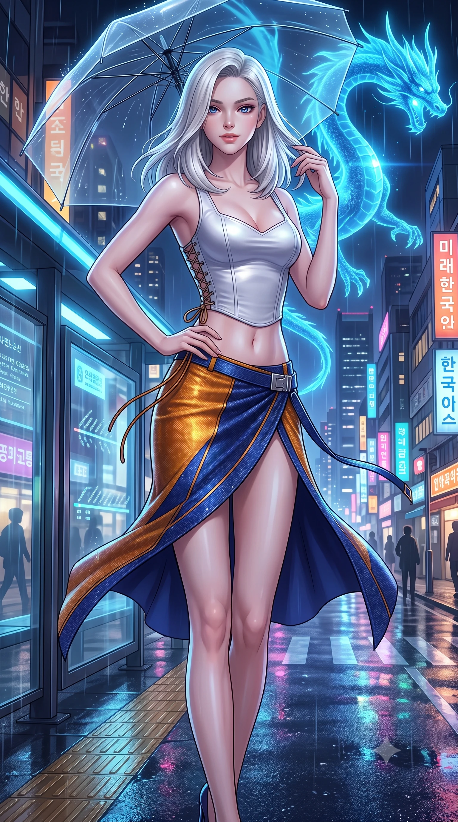 score_9, masterpiece, best quality, ultra-detailed, high-budget anime keyframe, semi-realistic 3D game render, editorial fashion photography, tasteful artistic composition, Caucasian woman. close-up cowboy shot from the waist and thighs up, the character dominates the composition, filling the frame with her large presence. twisting her slender torso in an alluring contrapposto stance, one hand resting on her sculpted hip while her fingers toy with her hair with effortless poise while leaning against the glowing smart-glass transit shelter with hips cocked back, gazing through transparent laser umbrella canopy with smoldering bedroom-eyes. The surrounding environment is rendered in vivid detail and crisp panoramic clarity: detailed garment styling, crisp anime lines, and futuristic Korean metropolis architecture in high resolution. She has an exceptionally elegant, slender, and willowy female figure with an ultra-slim waist, flat toned midriff, narrow ribcage, and sculpted feminine hips creating an alluring, slim hourglass silhouette without bulk. sharp v-shaped jawline, high-bridge nose, intricate jewel-like sparkling eyes with depth, thick eyelashes, glossy parted lips with a natural peach sheen, bright cheerful beaming smile with an enchanting and coquettish sensual glint, exuding both youthful cute charm and seductive allure, flawlessly proportioned anatomical accuracy, strict slender model proportions, natural body alignment, perfectly sculpted long slender limbs, ultra-slim waistline, clean dynamic posture without body distortion. wearing a sculpted satin cyber-corset with lace-up side ties paired with a low-rise micro skirt in Jovian amber and electric storm cobalt, tailored from high-density tech-wool with subtle metallic thread weave, finished with sleek magnetic buckle closures fluttering in the breeze, the high-slit wrap tailoring accentuating her ultra-slim waistline and the enchanting curve of her feminine hips with alluring seductive charm. bathed in the glowing azure radiance of the monumental holographic dragon mixed with neon street reflections. highly saturated vibrant anime colors, detailed shading with soft gradients, rich glossy textures, high-contrast stereoscopic depth, volumetric dynamic lighting, master piece, 9:16 ratio