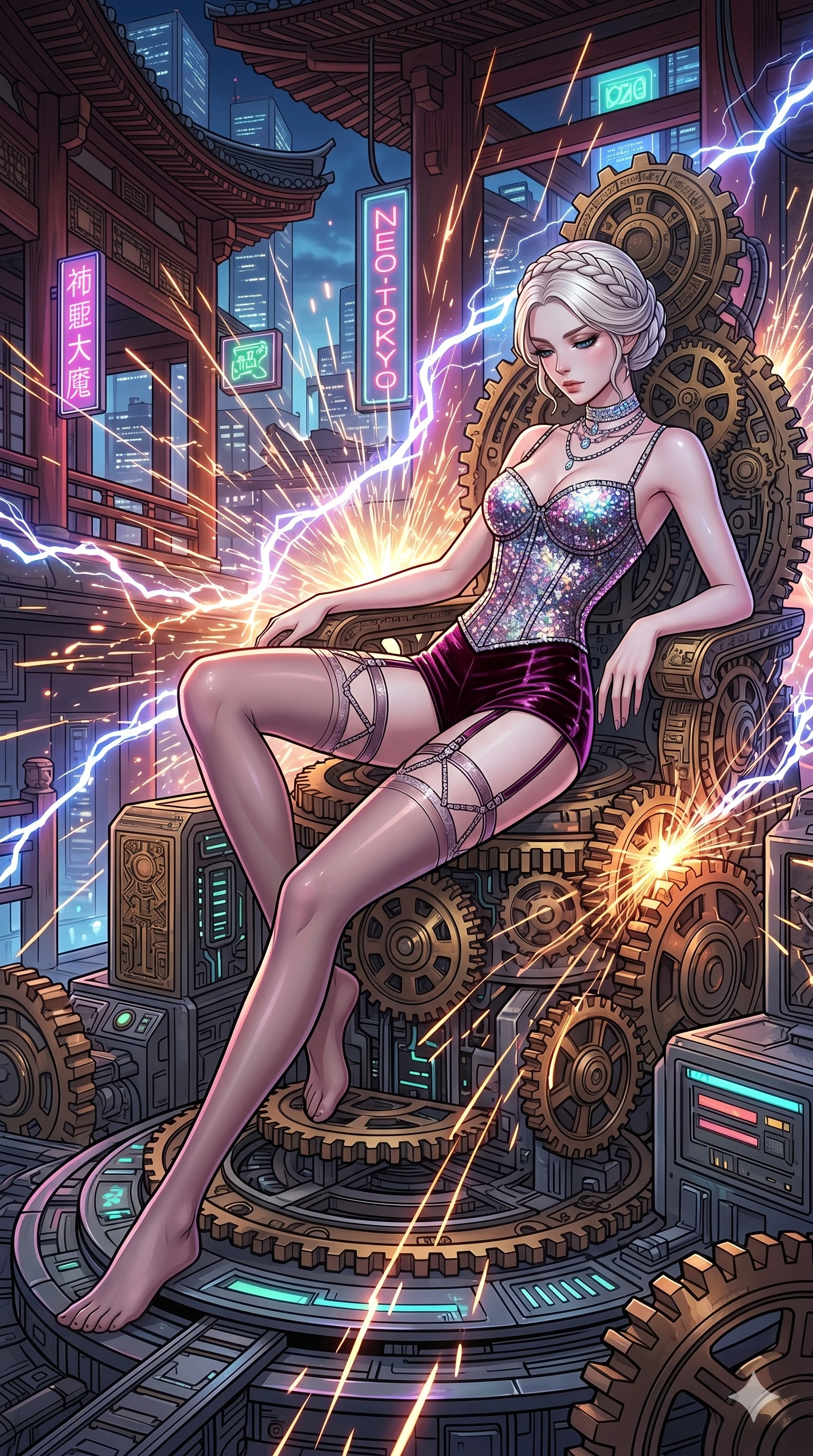 score_9, masterpiece, best quality, ultra-detailed, high-budget anime movie keyframe, cinematic anime lighting, intricate line art, Japanese woman. Dynamic full-body shot stretching the vertical silhouette across the 9:16 frame. resting on a throne of gears in a cyber-temple in Neo-Tokyo in a storm of sparks. She has an absolutely perfect 8-heads proportion, an exceptionally tall and slender female figure with an ultra-slim waist and impossibly long slender legs. sharp v-shaped jawline, high-bridge nose, intricate jewel-like eyes, thick eyelashes, glossy lips. Wearing luxurious K-pop idol stage outfit featuring a sparkling sequined corset, high-cut velvet shorts, and sheer silk stockings with garter belts, accessorized with crystal chokers. The scene is illuminated by dramatic atmospheric lighting and vibrant color palettes. , 2k, ultra detail, master piece, 9:16 ratio