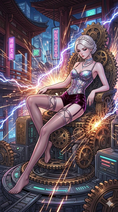 score_9, masterpiece, best quality, ultra-detailed, high-budget anime movie keyframe, cinematic anime lighting, intricate line art, Japanese woman. Dynamic full-body shot stretching the vertical silhouette across the 9:16 frame. resting on a throne o