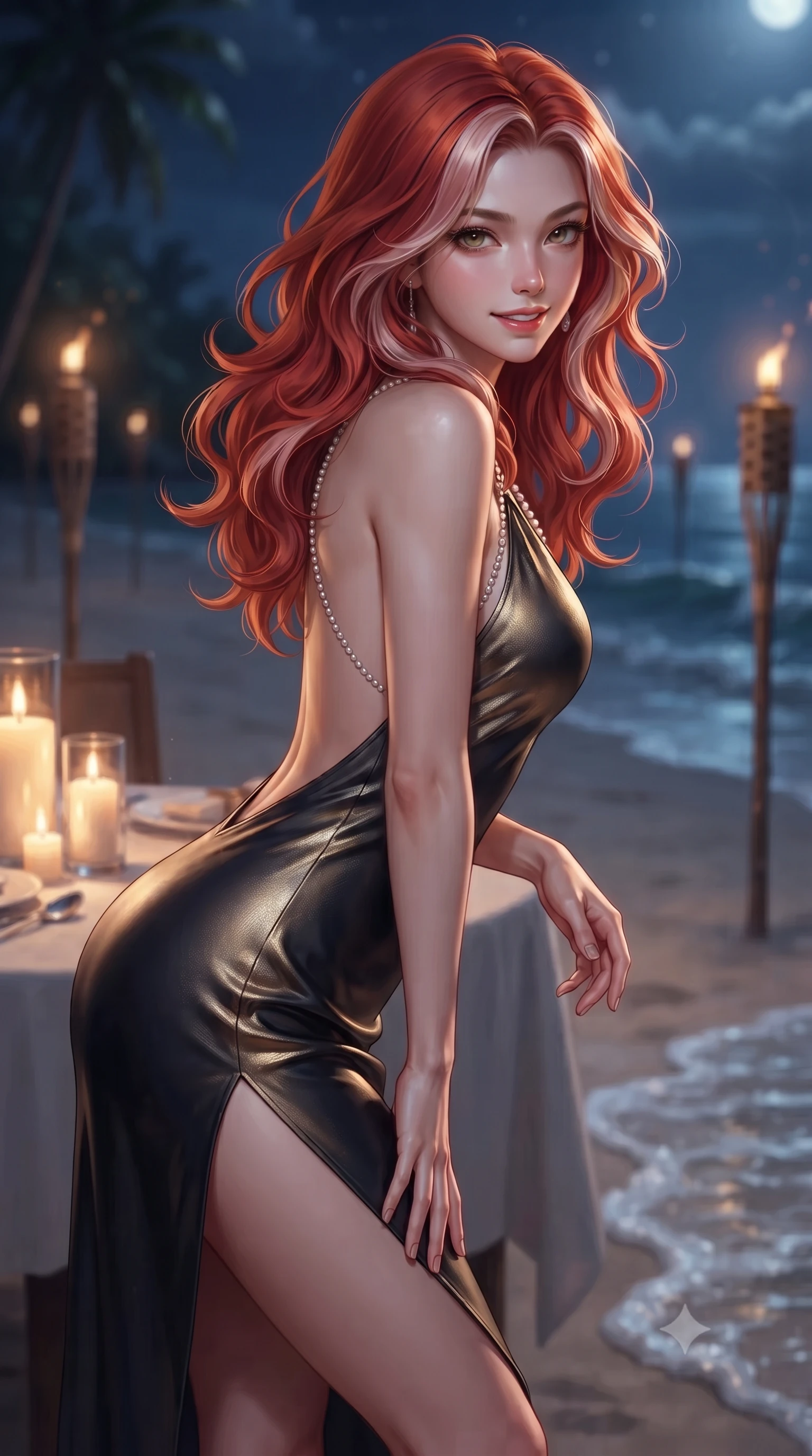 score_9, masterpiece, best quality, ultra-detailed, high-budget anime keyframe, editorial fashion photography, tasteful artistic composition, Caucasian woman. close-up cowboy shot from the waist and thighs up, the character dominates the composition, filling the frame with her large presence. leaning forward while arching her lower back to accentuate her curvy hips, looking into the camera with an intoxicating smoldering gaze and bedroom-eyes while twisting her slender torso in an alluring contrapposto stance beside the candlelit dining table, gentle lapping waves caressing the sand at her feet. The background shows a soft-focus flickering tiki torch flames softened in ultimate private island dining shallow focus. She has an exceptionally elegant, slender, and willowy female figure with an ultra-slim waist, flat toned midriff, narrow ribcage, and sculpted feminine hips creating an alluring, slim hourglass silhouette without bulk. sharp v-shaped jawline, high-bridge nose, intricate jewel-like sparkling eyes with depth, thick eyelashes, glossy parted lips with a natural peach sheen, bright cheerful beaming smile with an enchanting and coquettish sensual glint, exuding both youthful cute charm and seductive allure, flawlessly proportioned anatomical accuracy, strict slender model proportions, natural body alignment, perfectly sculpted long slender limbs, ultra-slim waistline, clean dynamic posture without body distortion. wearing a provocative backless halterneck silk lamé mini dress with deep scoop back down to her lower spine and thigh-high slit in deep midnight obsidian black and champagne gold, made of fluid liquid jersey with seamless sculpting hold and smooth contours, accented with a pearl-drop body harness subtly framing her dewy collarbones and spine, the precision-cut side openings and low-back scoop framing her graceful spine and the sensual sweep of her slim, toned hips. illuminated by white sand reflection bounce and sharp flame-gold rim lights sculpting her razor-sharp jawline, narrow waist, and curvy hips. ultra-reflective glossy finish, specular highlights, rich textural contrasts, high-contrast stereoscopic depth, volumetric dynamic lighting, 2k, ultra detail, master piece, 9:16 ratio