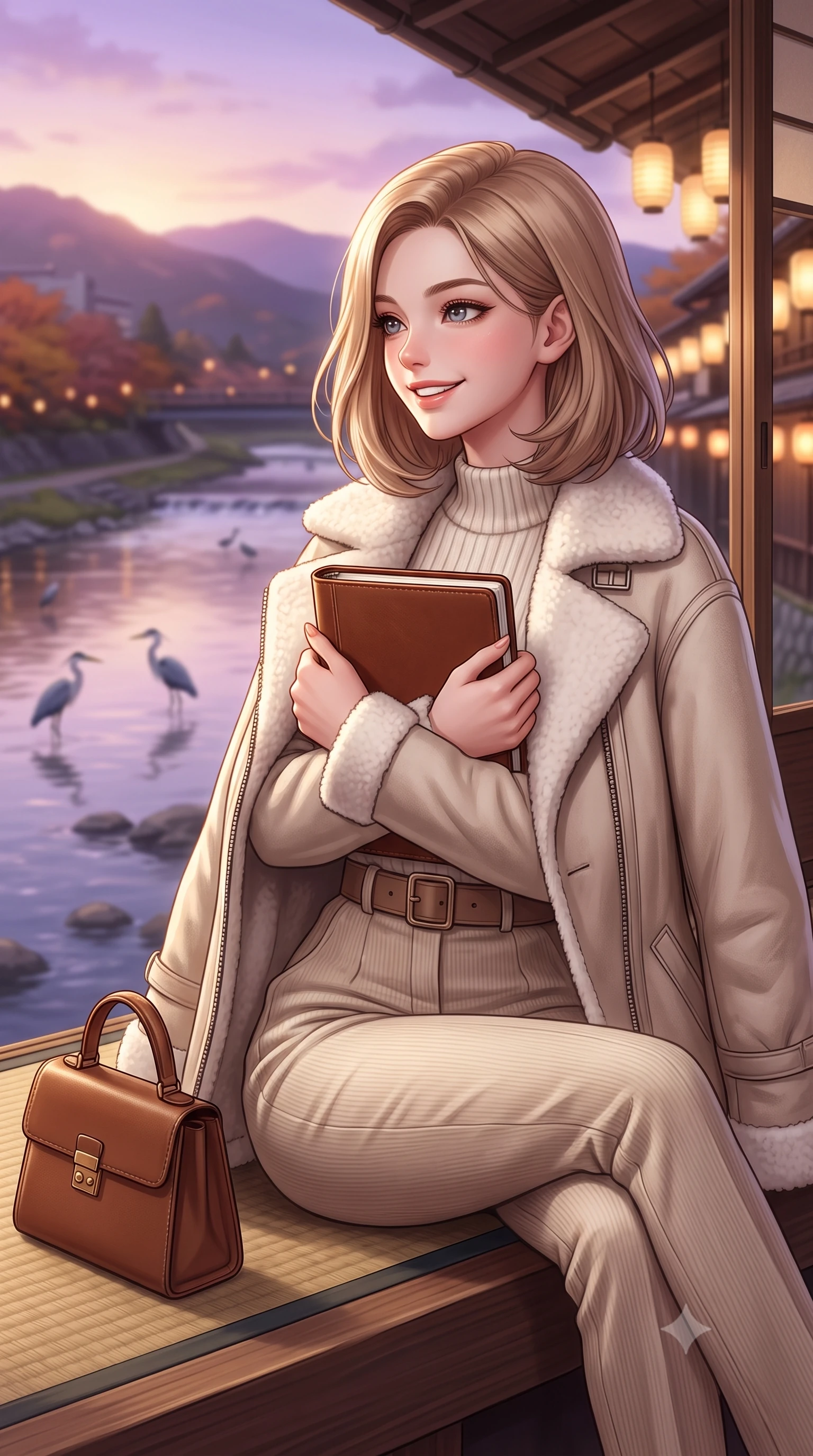 score_9, masterpiece, best quality, ultra-detailed, high-budget anime keyframe, semi-realistic 3D game render, editorial fashion photography, tasteful artistic composition, Korean woman. close-up cowboy shot from the waist and thighs up, the character dominates the composition, filling the frame with her large presence. holding a leather notebook close to her chest with both arms, smiling delightfully with youthful scholarly grace while sitting gracefully on a tatami mat at the open veranda edge, watching herons wade in the Kamogawa river with tranquil charm. The background shows a soft-focus warm paper lanterns along Gion alleyways softened in romantic Kyoto dusk shallow focus. She has an exceptionally elegant, slender, and willowy female figure with an ultra-slim waist, flat toned midriff, narrow ribcage, and sculpted feminine hips creating an alluring, slim hourglass silhouette without bulk. sharp v-shaped jawline, high-bridge nose, intricate jewel-like sparkling eyes with depth, thick eyelashes, glossy parted lips with a natural peach sheen, bright cheerful beaming smile with an enchanting and coquettish sensual glint, exuding both youthful cute charm and seductive allure, flawlessly proportioned anatomical accuracy, strict slender model proportions, natural body alignment, perfectly sculpted long slender limbs, ultra-slim waistline, clean dynamic posture without body distortion. wearing a plush shearling-trimmed suede aviator coat layered over a cozy ribbed merino knit sweater and tailored corduroy pants in Swiss alpine snow white and oat cashmere, woven from fine Australian merino wool with a smooth fluid drape and subtle sheen, finished with a structured leather top-handle mini bag resting gracefully at her side, the structured cinched belt emphasizing her narrow waistline and gracefully balanced proportions with timeless haute-couture polish. bathed in the soft purple-gold twilight glow of autumn sunset over the Higashiyama mountains mixed with warm paper lantern lights. highly saturated vibrant anime colors, detailed shading with soft gradients, rich glossy textures, high-contrast stereoscopic depth, volumetric dynamic lighting, master piece, 9:16 ratio