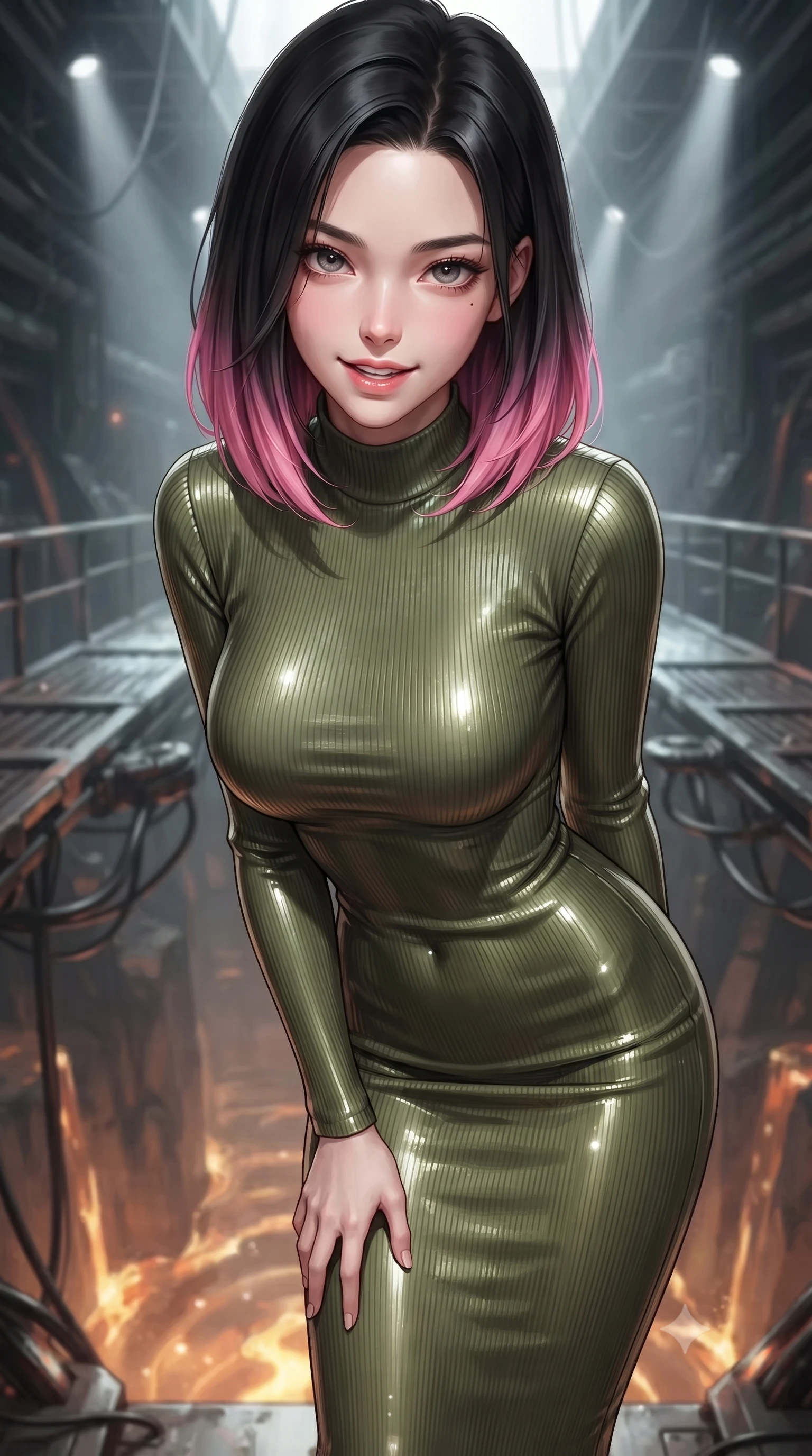 score_9, masterpiece, best quality, ultra-detailed, high-budget anime keyframe, editorial fashion photography, tasteful artistic composition, Korean woman. close-up cowboy shot from the waist and thighs up, the character dominates the composition, filling the frame with her large presence, background elements kept in soft focus. leaning slightly forward with a playful, teasing smile, her gaze locked onto the viewer with lips parted in a composed pose, the background shows a soft-focus a reef maintenance catwalk suspended over a deep chasm of liquid metal. She has an exceptionally elegant, slender, and willowy female figure with an ultra-slim waist, a gracefully sculpted slender torso, and a refined silhouette. sharp v-shaped jawline, high-bridge nose, intricate jewel-like eyes with depth, thick eyelashes, glossy lips with a natural sheen. wearing a form-contouring body-hugging ribbed carbon-fiber knit bodycon midi dress in olive green, featuring a snug mock-neck. focused white spotlights highlighting the glossy textures of her sleek outfit. ultra-reflective glossy finish, specular highlights, metallic sheen, high-contrast stereoscopic depth, volumetric dynamic lighting, 2k, ultra detail, master piece, 9:16 ratio