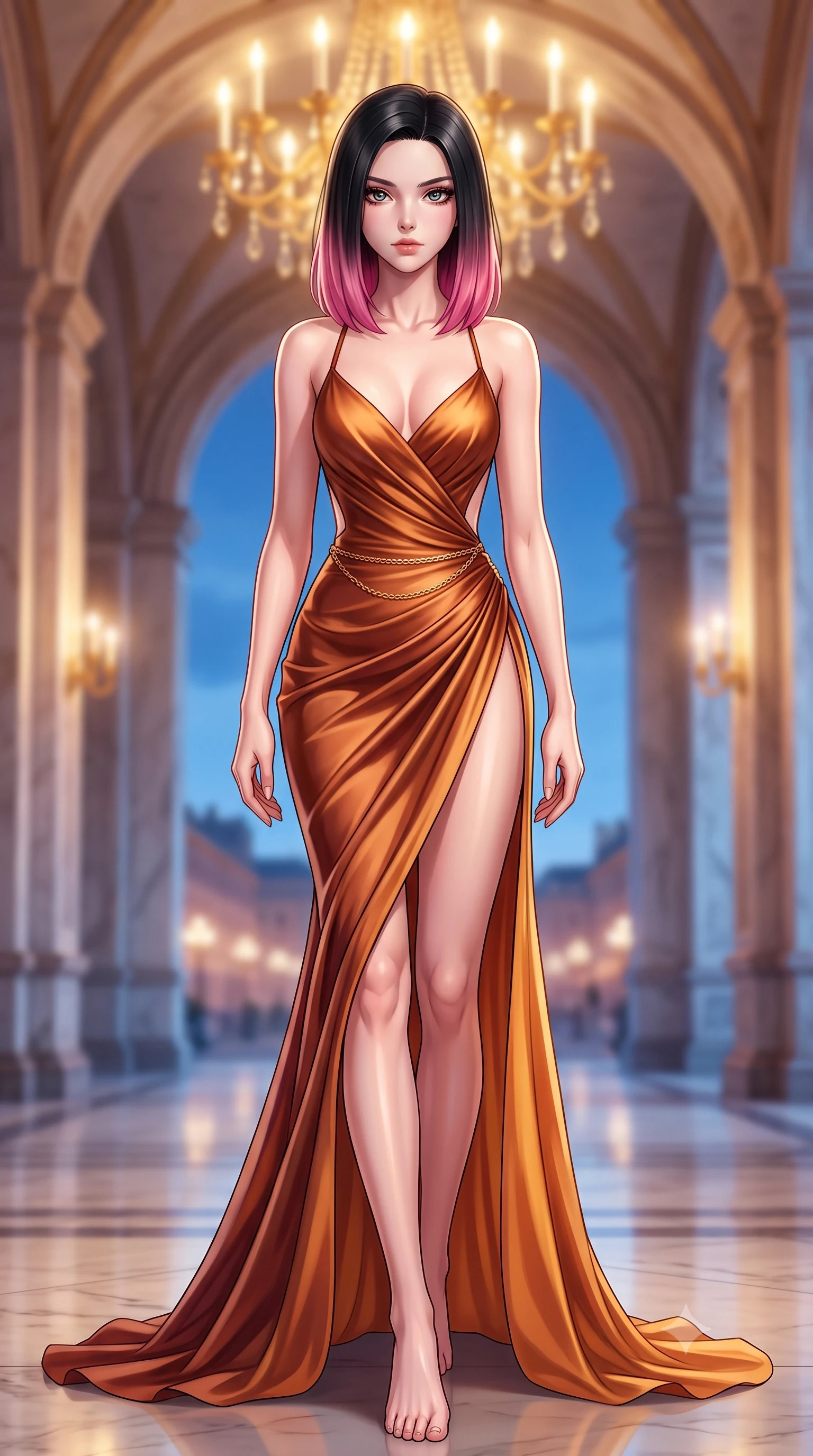 score_9, masterpiece, best quality, ultra-detailed, high-budget anime keyframe, semi-realistic 3D game render, editorial fashion photography, tasteful artistic composition, Korean woman. low angle full-body shot from head to toe showing her feet, filling the entire 9:16 vertical frame with her statuesque presence, stretching her vertical silhouette. striding forward in a proud supermodel runway stride, hips swaying in an alluring kinetic rhythm that accentuates her curvy hourglass silhouette while gliding through the vaulted marble loggia with supermodel momentum, infinite crystal reflections multiplying her graceful silhouette. The composition keeps background elements in soft focus with creamy bokeh. golden chandelier crystals and distant imperial boulevard carriages blurred into warm champagne, ruby, and ivory bokeh. She has an exceptionally tall and slender model-like 8.5-heads proportion, an ultra-slim waist, a flat toned midriff, narrow delicate ribcage, and beautifully sculpted feminine hips creating a graceful, slim hourglass silhouette without any bulky heaviness, with impossibly long slender legs. sharp v-shaped jawline, high-bridge nose, intricate jewel-like eyes with depth, thick eyelashes, glossy parted lips with a natural sheen, intensely captivating and seductive bedroom-eyes expression, flawlessly proportioned anatomical accuracy, strict slender model proportions, natural body alignment, perfectly sculpted long slender limbs, ultra-slim waistline, clean dynamic posture without body distortion. wearing an open-back duchess satin gala gown with a dramatic hip-hugging drape and cascading trailing hem in rich copper bronze and warm amber, tailored from liquid silk jersey adhering flawlessly to her slender build, accented with a delicate gold chain belt resting loosely on her curvy hips, the form-contouring material adhering flawlessly to her sculpted flat midriff and slender torso, emphasizing her long leg lines and perfectly proportioned willowy build. bathed in opulent golden chandelier light radiating from the grand foyer and cool blue evening sky fill. highly saturated vibrant anime colors, detailed shading with soft gradients, rich glossy textures, high-contrast stereoscopic depth, volumetric dynamic lighting, master piece, 9:16 ratio