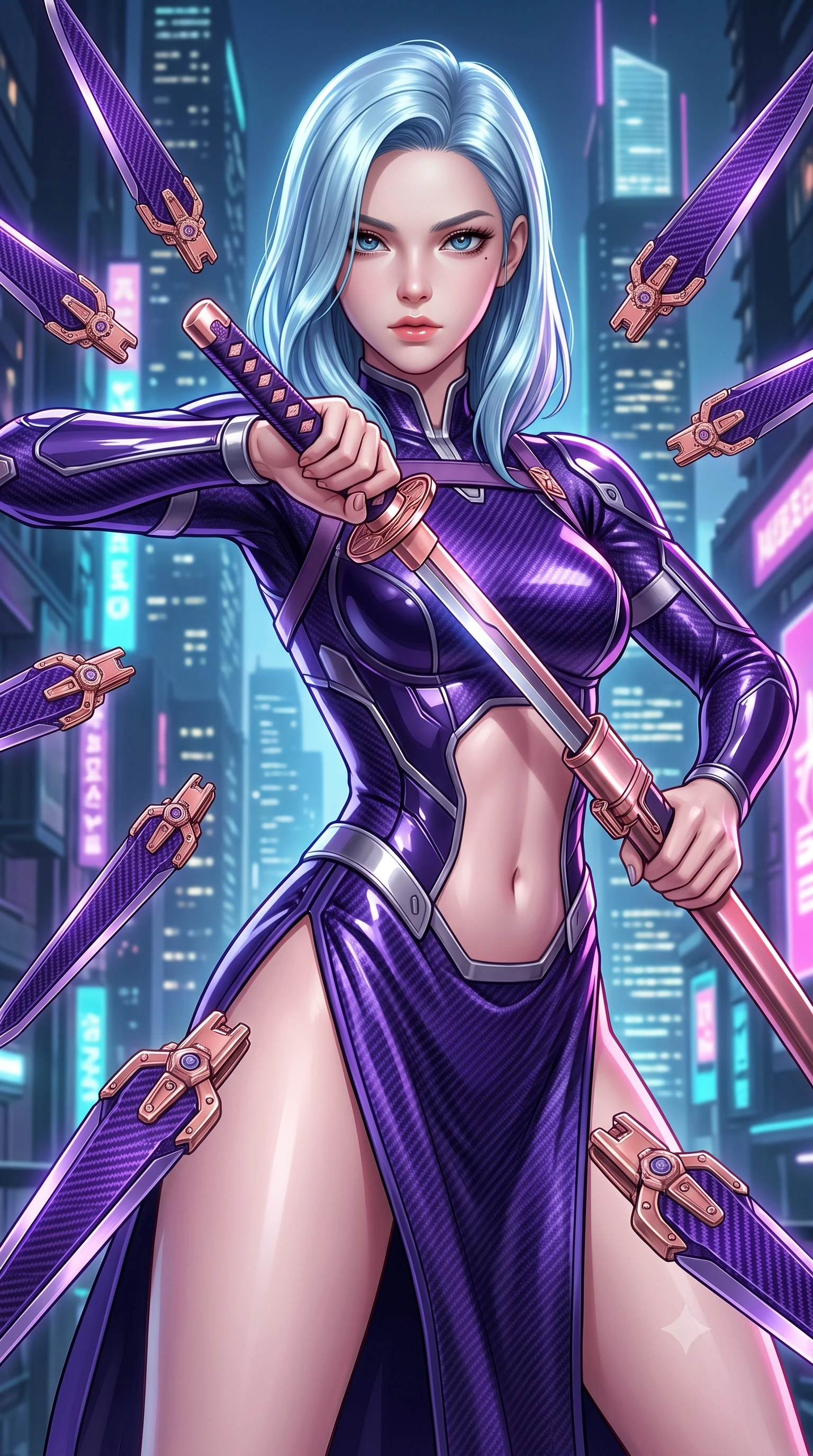 score_9, masterpiece, best quality, ultra-detailed, high-budget anime keyframe, semi-realistic 3D game render, editorial fashion photography, tasteful artistic composition, Korean woman. close-up cowboy shot from the waist and thighs up, the character dominates the composition, filling the frame with her large presence. looking into the camera lens with intense, captivating depth, softly parted glossy lips and thick eyelashes framing her fierce battle-ready gaze while sheathing her sleek plasma katana with effortless supermodel poise while casting a sovereign, captivating direct gaze into the lens. The surrounding environment is rendered in vivid detail and crisp panoramic clarity. high-contrast tactical chiaroscuro and atmospheric cyberpunk urban textures captured with precision. She has an exceptionally elegant, slender, and willowy female figure with an ultra-slim waist, a gracefully sculpted slender torso, toned flat midriff, and a refined slim silhouette. sharp v-shaped jawline, high-bridge nose, intricate jewel-like eyes with depth, thick eyelashes, glossy lips with a natural sheen, flawlessly proportioned anatomical accuracy, strict slender model proportions, natural body alignment, perfectly sculpted long slender limbs, ultra-slim waistline, clean dynamic posture without body distortion. wearing a precision-fitted royal purple carbon-fiber battle-dress with high-slit tactical skirt and silver accents, directing eight floating nano-crystal funnel blades with sovereign gestures in royal purple carbon fiber with rose-gold hardware and clasps, formed from high-gloss patent carbon-plating with specular chiaroscuro reflections, complemented by criss-cross back harness straps highlighting her completely bare spine, the form-contouring material adhering flawlessly to her sculpted flat midriff and slender torso, emphasizing her long leg lines and perfectly proportioned willowy build. illuminated by crisp white key lighting with sharp specular highlights tracing her sculpted carbon armor curves. rich saturated anime colors with glowing neon highlights, detailed shading with soft gradients, rich glossy textures, high-contrast stereoscopic depth, volumetric dynamic lighting, master piece, 9:16 ratio