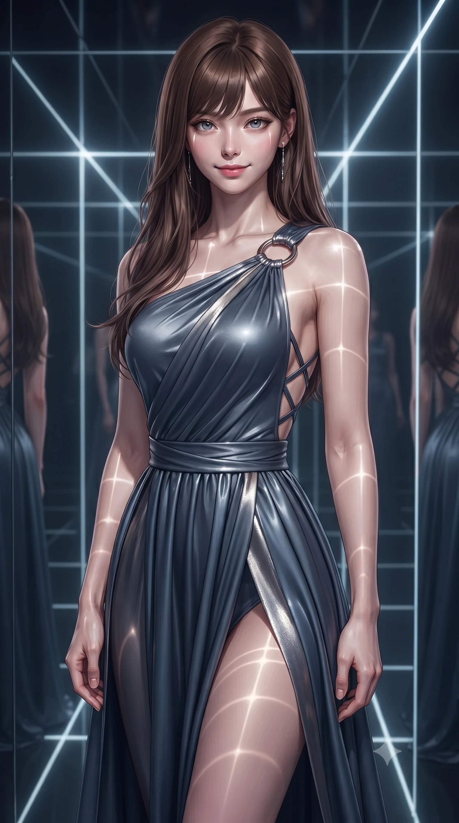 score_9, masterpiece, best quality, ultra-detailed, high-budget anime keyframe, editorial fashion photography, tasteful artistic composition, Korean woman. close-up cowboy shot from the waist and thighs up, the character dominates the composition, filling the frame with her large presence, background elements kept in soft focus. Smiling with quiet, magnetic self-assurance directly into the lens navigating a corridor of shifting laser light grids and mirror walls, laser lines casting precise geometric grid highlights on her athletic form. She has an exceptionally elegant, slender, and willowy female figure with an ultra-slim waist, a gracefully sculpted slender torso, and a refined silhouette. sharp v-shaped jawline, high-bridge nose, intricate jewel-like eyes with depth, thick eyelashes, glossy lips with a natural sheen. wearing an asymmetrical Grecian draped chiffon gown with a metallic shoulder ring in slate blue and metallic silver, crafted from lustrous satin jersey with fluid draping, complemented by criss-cross back straps highlighting her bare shoulders, the form-contouring material highlighting her ultra-slim waist and long lines. lit by bright volumetric laser beams and soft specular highlights. ultra-reflective glossy finish, specular highlights, metallic sheen, high-contrast stereoscopic depth, volumetric dynamic lighting, 2k, ultra detail, master piece, 9:16 ratio
