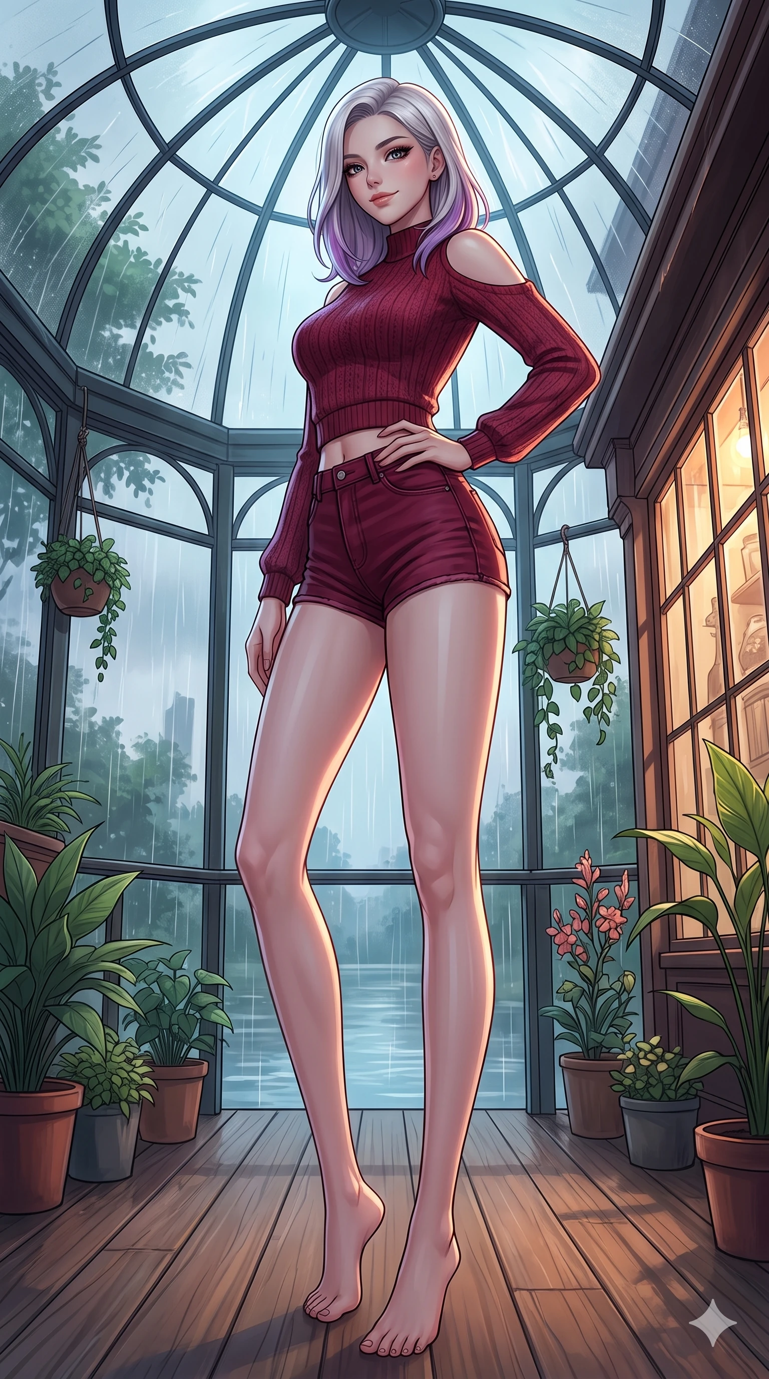 score_9, masterpiece, best quality, ultra-detailed, high-budget anime keyframe, vibrant anime aesthetic, Caucasian woman, strictly human ears. low angle full-body shot from head to toe showing her feet, filling the entire 9:16 vertical frame with her statuesque presence, stretching her vertical silhouette. She is posing with a confident, magnetic smile, one hand on her waist, looking over her shoulder at the camera under the glass conservatory dome. by a scenic river bank deck decorated with potted plants, under an elegant glass canopy in the rain (Code-P22-045). She has an absolutely perfect 8-heads proportion, an exceptionally tall and slender female figure with impossibly long slender legs and an ultra-slim waist. V-shaped jawline, high-bridge nose, intricate jewel-like eyes with depth, thick eyelashes, glossy lips with a natural sheen. wearing a cold-shoulder knit top with a cropped waistline and denim shorts in deep crimson. She is illuminated by dramatic rim lights from a vintage shop window, adding depth to her jewel-like eyes in the cozy indoor garden. 2k, ultra detail, master piece, 9:16 ratio