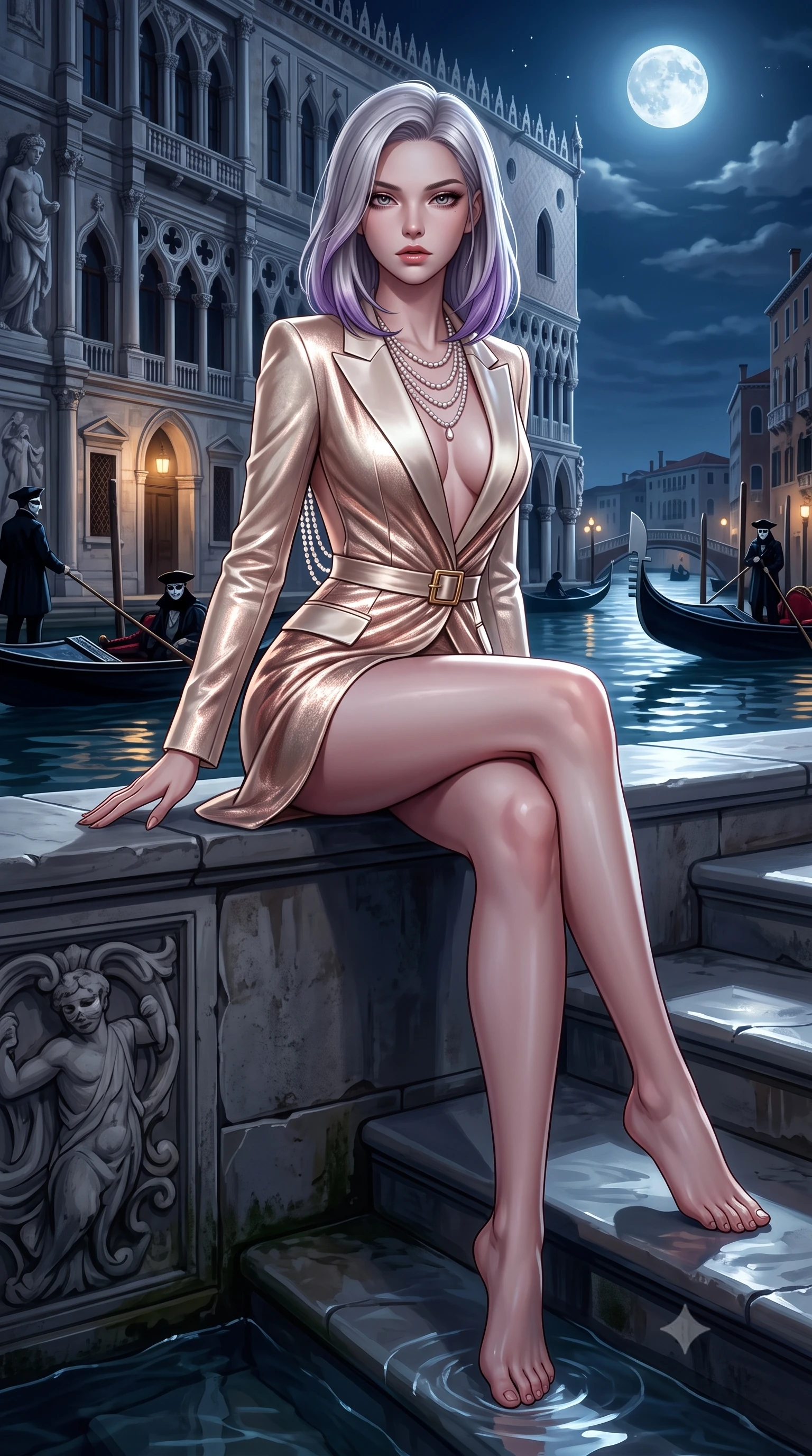 score_9, masterpiece, best quality, ultra-detailed, high-budget anime keyframe, semi-realistic 3D game render, editorial fashion photography, tasteful artistic composition, Caucasian woman. low angle full-body shot from head to toe showing her feet, filling the entire 9:16 vertical frame with her statuesque presence, stretching her vertical silhouette. sitting perched on the elevated edge with hips angled toward the camera and legs crossed, displaying her toned midriff and flawlessly sculpted slender limbs while gliding down the grand palace water steps with supermodel poise, her liquid dress clinging to her narrow waist and rounded hips in the moonlight. The surrounding environment is rendered in vivid detail and crisp panoramic clarity. rich high-contrast Venetian nocturnal chiaroscuro and decadent masquerade romance aesthetics in precision. She has an exceptionally tall and slender model-like 8.5-heads proportion, an ultra-slim waist, a flat toned midriff, narrow delicate ribcage, and beautifully sculpted feminine hips creating a graceful, slim hourglass silhouette without any bulky heaviness, with impossibly long slender legs. sharp v-shaped jawline, high-bridge nose, intricate jewel-like eyes with depth, thick eyelashes, glossy parted lips with a natural sheen, intensely captivating and seductive bedroom-eyes expression, flawlessly proportioned anatomical accuracy, strict slender model proportions, natural body alignment, perfectly sculpted long slender limbs, ultra-slim waistline, clean dynamic posture without body distortion. wearing a tailored velvet tuxedo jacket dress with satin lapels, worn with a deep plunge neckline and gold hip buckle in vintage champagne ivory and delicate rose gold, crafted from luxurious metallic lamé that shifts radiance with every step, accented with a multi-strand pearl back necklace cascading down her bare spine to her hips, the liquid-tight tailored fabric clinging flawlessly to her narrow waist and rounded feminine hips, emphasizing every millimeter of her sculpted slim hourglass curves without any bulky heaviness. illuminated by crisp specular highlights defining her slender neckline, ultra-slim waist, and curvy hips. highly saturated vibrant anime colors, detailed shading with soft gradients, rich glossy textures, high-contrast stereoscopic depth, volumetric dynamic lighting, master piece, 9:16 ratio