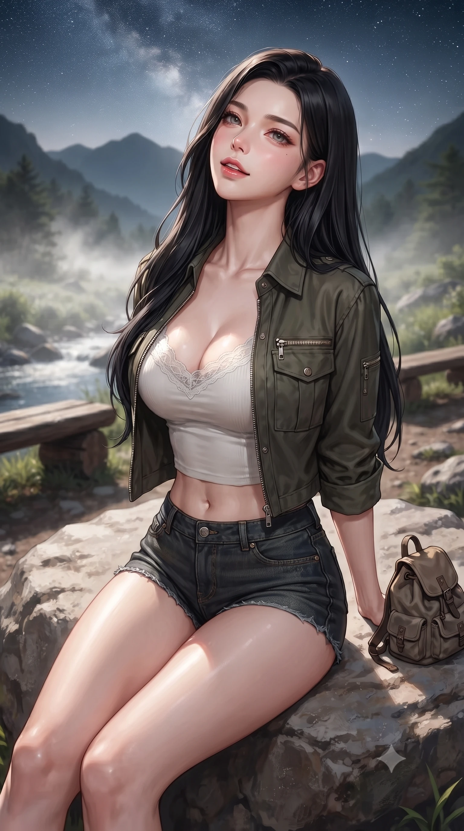 score_9, masterpiece, best quality, ultra-detailed, high-budget anime keyframe, editorial fashion photography, tasteful artistic composition, Korean woman. close-up cowboy shot from the waist and thighs up, the character dominates the composition, filling the frame with her large presence, background elements kept in soft focus. archingly tilting her head back slightly with a soft, sensual half-smile and parted lips set against a soft-focus background of at a rest area along a scenic valley hiking trail with wooden benches sitting on a clean rock with a small canvas backpack nearby. She has an exceptionally elegant, slender, and willowy female figure with an ultra-slim waist, a gracefully sculpted slender torso, and a refined silhouette. sharp v-shaped jawline, high-bridge nose, intricate jewel-like eyes with depth, thick eyelashes, glossy lips with a natural sheen. wearing slim-fit delicate lace-accented crop top under an open utility shirt, paired with micro-shorts. soft morning mist rising from the stream, diffusing the warm starlight. ultra-reflective glossy finish, specular highlights, metallic sheen, high-contrast stereoscopic depth, volumetric dynamic lighting, 2k, ultra detail, master piece, 9:16 ratio