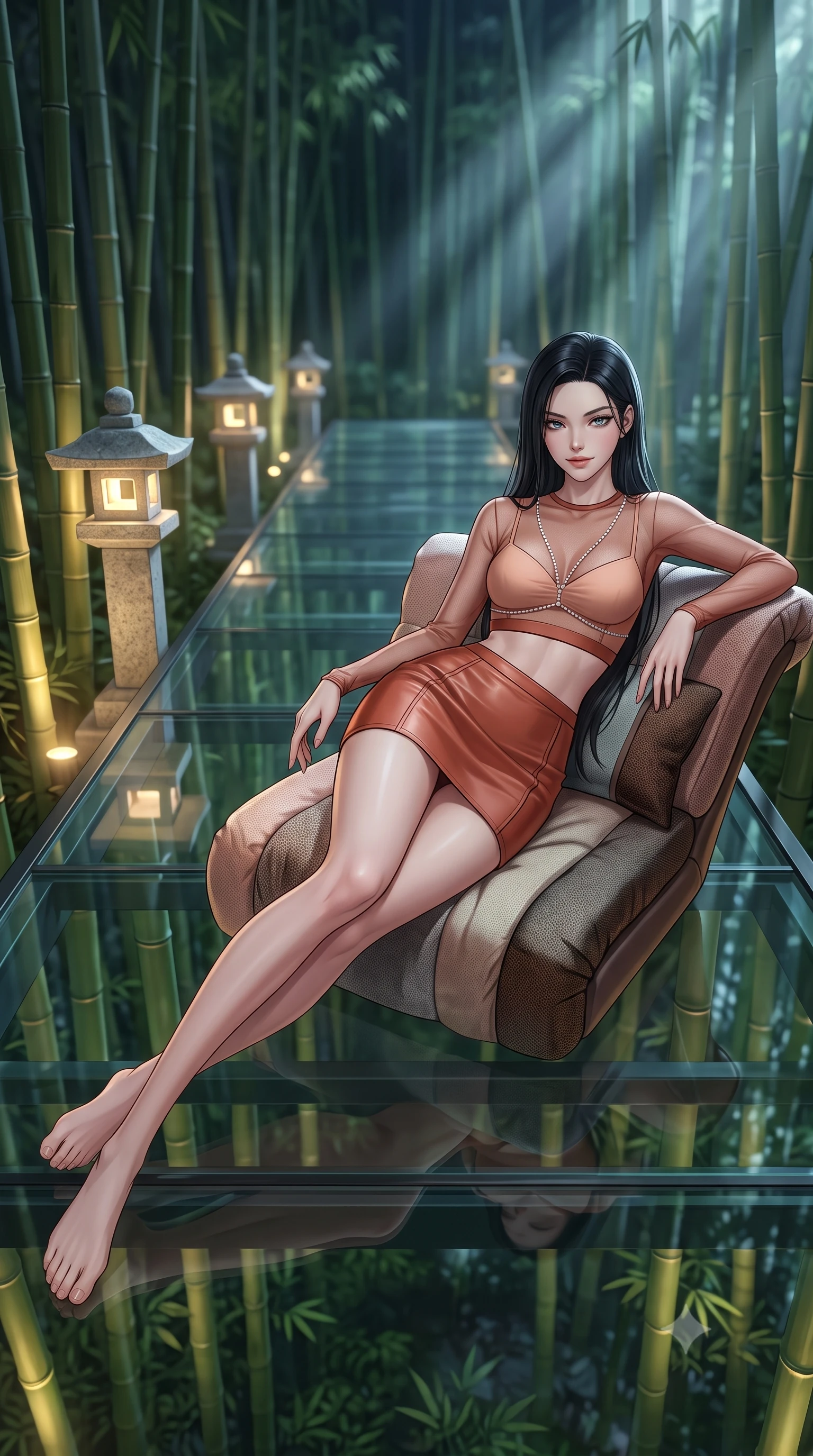 score_9, masterpiece, best quality, ultra-detailed, high-budget anime keyframe, semi-realistic 3D game render, editorial fashion photography, tasteful artistic composition, Korean woman. low angle full-body shot from head to toe showing her feet, filling the entire 9:16 vertical frame with her statuesque presence, stretching her vertical silhouette. reclining gracefully across the plush chaise lounge with one leg extended, her sculpted silhouette and flat midriff radiating magnetic nocturnal glamour while paused mid-step on the suspended glass walkway slicing through towering bamboo culms, arching her spine with ethereal siren poise as moonlight filters through green leaves. The background shows a soft-focus towering green bamboo stalks swaying in night breeze, glowing granite toro stone lanterns, and silver moonbeams blurred into emerald, moss-green, and pale silver bokeh. She has an absolutely perfect, statuesque 8.5-heads proportion, an exceptionally tall and slender model-like female figure with impossibly long slender legs, an ultra-slim waist, a flat toned midriff, narrow delicate ribcage, and beautifully sculpted feminine hips creating a graceful, slim hourglass silhouette without any bulky heaviness. sharp v-shaped jawline, high-bridge nose, sparkling eyes with hypnotic seductive depth, thick curled eyelashes, glossy parted lips with a natural dewy peach sheen, alluring bedroom-eyes with an enchanting coquettish smile, exuding magnetic siren charisma and sophisticated glamour, flawlessly proportioned anatomical accuracy, strict slender model proportions, natural body alignment, perfectly sculpted long slender limbs, ultra-slim waistline, clean dynamic posture without body distortion. wearing a sheer mesh long-sleeve crop top over an opaque strappy micro-bralette and a sleek leatherette mini skirt in Positano terracotta and blush peach, tailored from fine structural neoprene with crisp architectural edges and smooth contouring, accented with a pearl-drop body harness subtly framing her dewy collarbones and spine, the form-contouring silhouette accentuating her sculpted flat midriff, narrow delicate ribcage, and gracefully curvy hips with intoxicating allure. bathed in soft 2700K warm upward spotlights illuminating the bamboo bases combined with cool silver moonbeams filtering through the canopy. highly saturated vibrant anime colors, detailed shading with soft gradients, rich glossy textures, high-contrast stereoscopic depth, volumetric dynamic lighting, master piece, 9:16 ratio