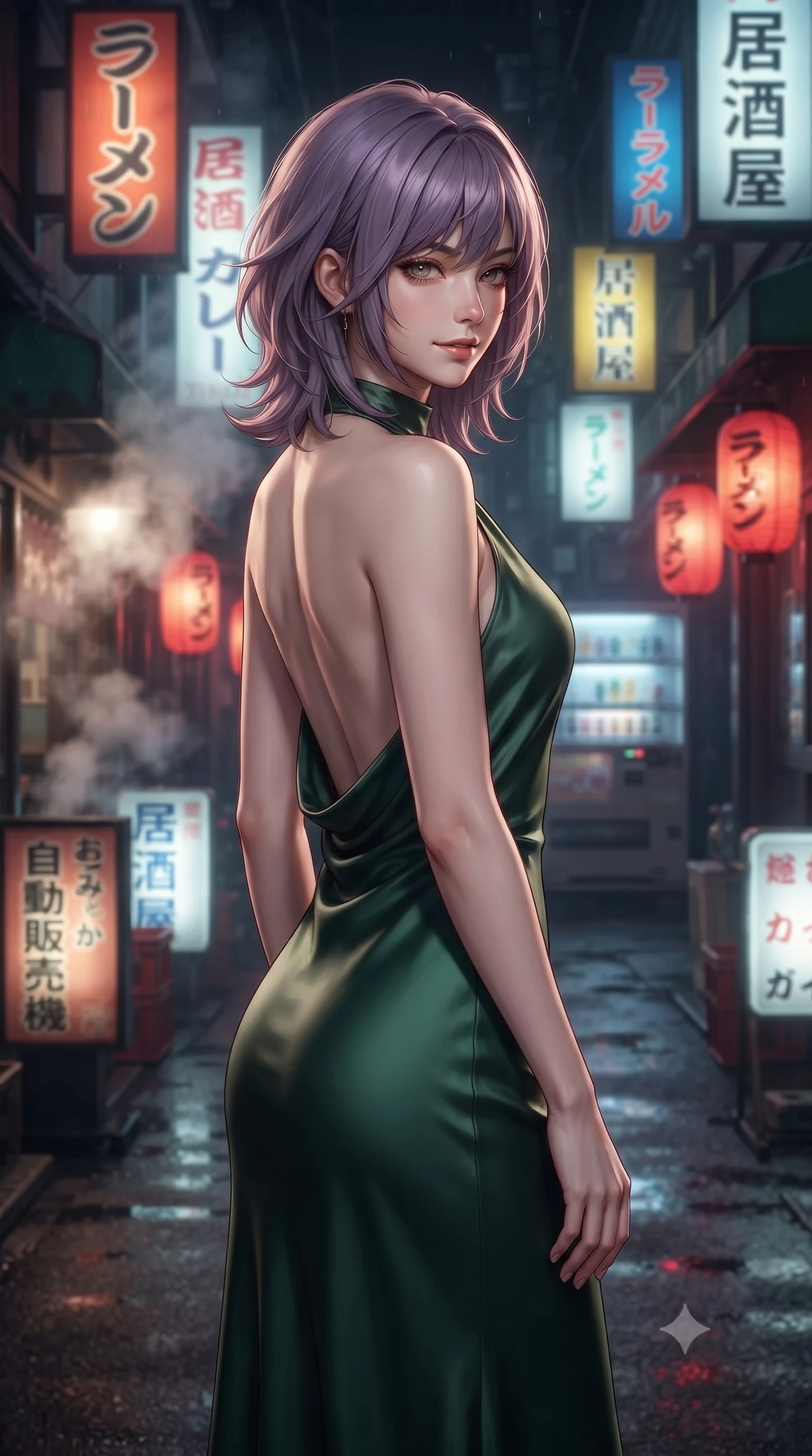 score_9, masterpiece, best quality, ultra-detailed, high-budget anime keyframe, editorial fashion photography, tasteful artistic composition, Japanese woman. close-up cowboy shot from the waist and thighs up, the character dominates the composition, filling the frame with her large presence, background elements kept in soft focus. Glancing sidelong over her shoulder with a smoldering half-smile. set against a soft-focus background of a narrow atmospheric Tokyo alley at night densely packed with glowing signs in Japanese katakana steam rising from ramen shops vending machines casting colored pools of light on wet asphalt. She has an exceptionally elegant and slender, willowy female figure with an ultra-slim waist, a gracefully sculpted slender torso, and a refined slim physique. sharp v-shaped jawline, high-bridge nose, intricate jewel-like eyes with depth, thick eyelashes, glossy lips with a natural sheen. wearing a backless halter-neck silk dress in deep forest green, flowing elegantly along her slender figure. soft glowing ambient light with sharp side key light tracing the sleek contours of her figure. 2k, ultra detail, master piece, 9:16 ratio