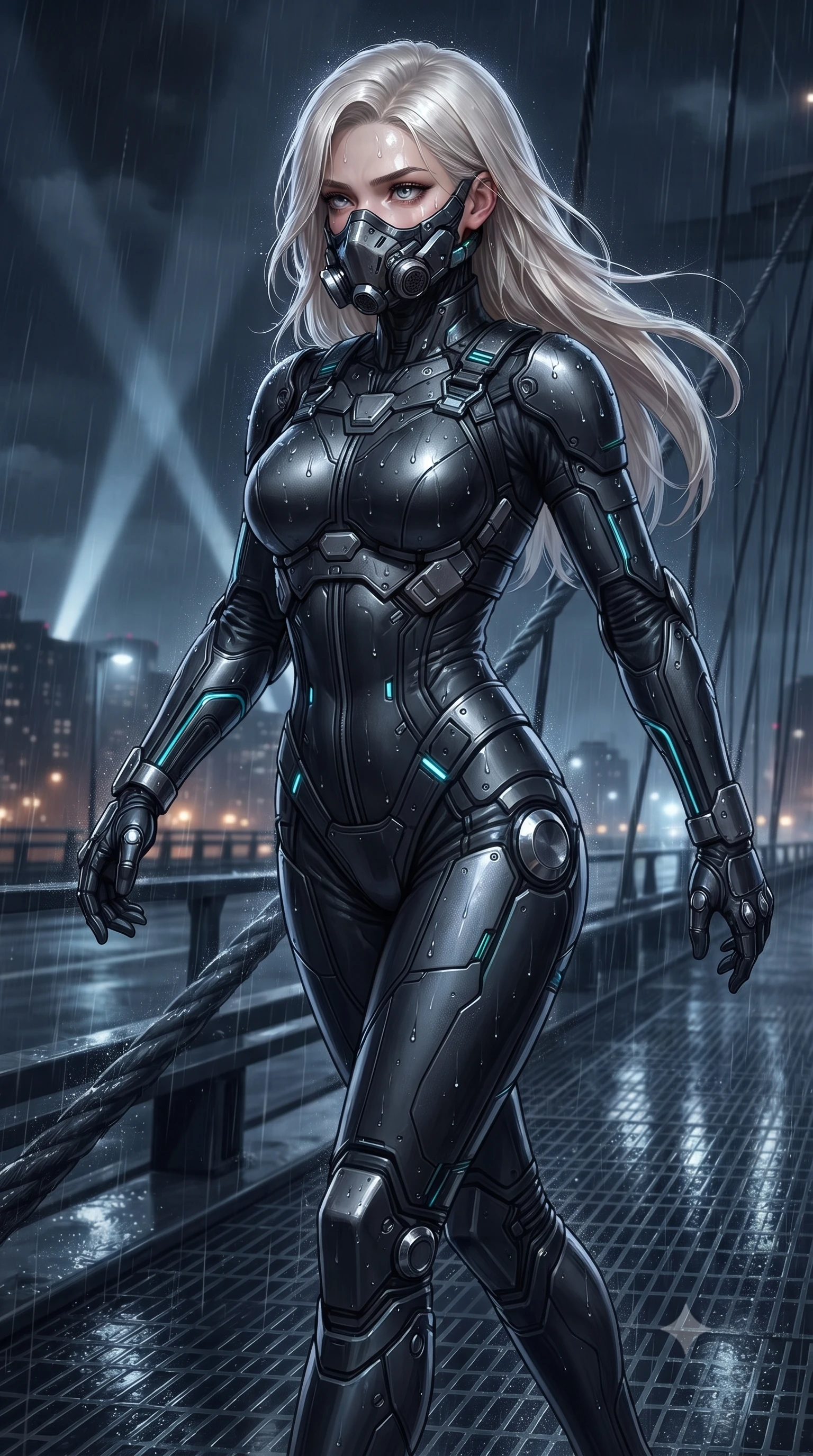 score_9, masterpiece, best quality, ultra-detailed, high-budget anime keyframe, editorial fashion photography, tasteful artistic composition, Caucasian woman. close-up cowboy shot from the waist and thighs up, the character dominates the composition, filling the frame with her large presence. tilting her head slightly with solemn warrior composure, sweat and rain glistening on her sculpted collarbones and high-bridge nose while striding commanding across the wet suspension cables with sovereign balance and supreme athletic poise. The surrounding environment is rendered in vivid detail and crisp panoramic clarity. crystal-clear transparent visor reflections, distinct raindrop beads on armor, and bridge steel grating in deep focus. She has an exceptionally elegant, slender, and willowy female figure with an ultra-slim waist, a gracefully sculpted slender torso, toned flat midriff, and a refined slim silhouette. sharp v-shaped jawline, high-bridge nose, intricate jewel-like eyes with depth, thick eyelashes, glossy lips with a natural sheen, fierce and resolute heroine expression, flawlessly proportioned anatomical accuracy, strict slender model proportions, natural body alignment, perfectly sculpted long slender limbs, ultra-slim waistline, clean dynamic posture without body distortion. wearing a sleek titanium half-face combat rebreather guard protecting her lower jaw while leaving her expressive eyes and long hair flowing freely, paired with a tailored tactical combat jumpsuit with an open-back harness design, reinforced composite breastplate, and high-mobility elbow dampers in matte battle-worn obsidian carbon with electric cyan hazard conduits, made of lightweight aerodynamic carbon-titanium alloy with precision-beveled armor seams, detailed with kinetic shock-dampening knuckle guards and polished chrome connection joints, the glove-like aerodynamic second-skin fit tightly clinging to her ultra-slender waist and athletic curves without adding bulk, accentuating her razor-sharp statuesque lines and slim hourglass silhouette. illuminated by crisp specular highlights tracing her sculpted flat midriff, bare spine, and slender limbs. ultra-reflective glossy finish, specular highlights, dark metallic sheen, high-contrast stereoscopic depth, volumetric dynamic lighting, 2k, ultra detail, master piece, 9:16 ratio