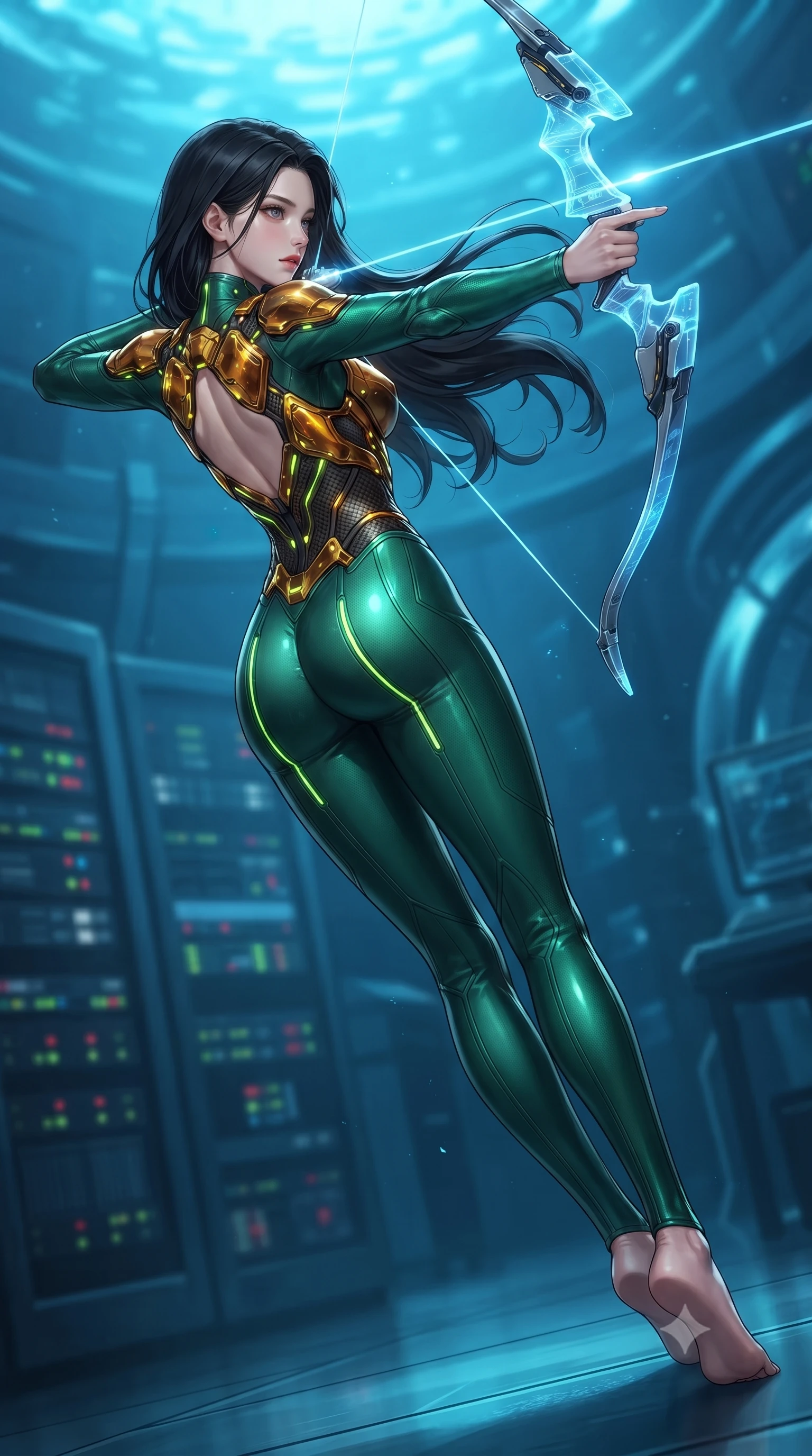 score_9, masterpiece, best quality, ultra-detailed, high-budget anime keyframe, editorial fashion photography, tasteful artistic composition, Korean woman. low angle full-body shot from head to toe showing her feet, filling the entire 9:16 vertical frame with her statuesque presence, stretching her vertical silhouette. arching her spine in a fluid zero-gravity combat turn with sovereign grace, her long slender legs and sculpted torso creating a sweeping line of power while arching her back in a fluid roll as dual laser aiming beams cut through the blue aquatic ambient gloom. The composition keeps background elements in soft focus with creamy bokeh. server rack LED status lights and pressurized glass arches softened by shallow cinematic depth of field. She has an absolutely perfect, statuesque 8.5-heads proportion, an exceptionally tall and slender model-like female figure with impossibly long slender legs, a toned flat midriff, and an ultra-slim waist. sharp v-shaped jawline, high-bridge nose, intricate jewel-like eyes with depth, thick eyelashes, glossy lips with a natural sheen, flawlessly proportioned anatomical accuracy, strict slender model proportions, natural body alignment, perfectly sculpted long slender limbs, ultra-slim waistline, clean dynamic posture without body distortion. wearing a tailored emerald-green carbon-fiber tactical jumpsuit with glowing lime LED channels and an open cowl back, drawing a floating holographic photon energy bow with supreme grace in molten amber-gold carbon cuirass with dark titanium weave, tailored from flexible second-skin carbon-mesh that clings flawlessly to her athletic curves, accented with glowing fiber-optic conduits tracing her collarbones and hip curves, the glove-like aerodynamic second-skin fit tightly clinging to her ultra-slender waist and athletic curves without adding bulk, accentuating her razor-sharp statuesque lines and slim hourglass silhouette. surrounded by an ultra-sleek, stealthy, and intensely seductive oceanic special-operative aura. ultra-reflective glossy finish, specular highlights, dark metallic sheen, high-contrast stereoscopic depth, volumetric dynamic lighting, 2k, ultra detail, master piece, 9:16 ratio