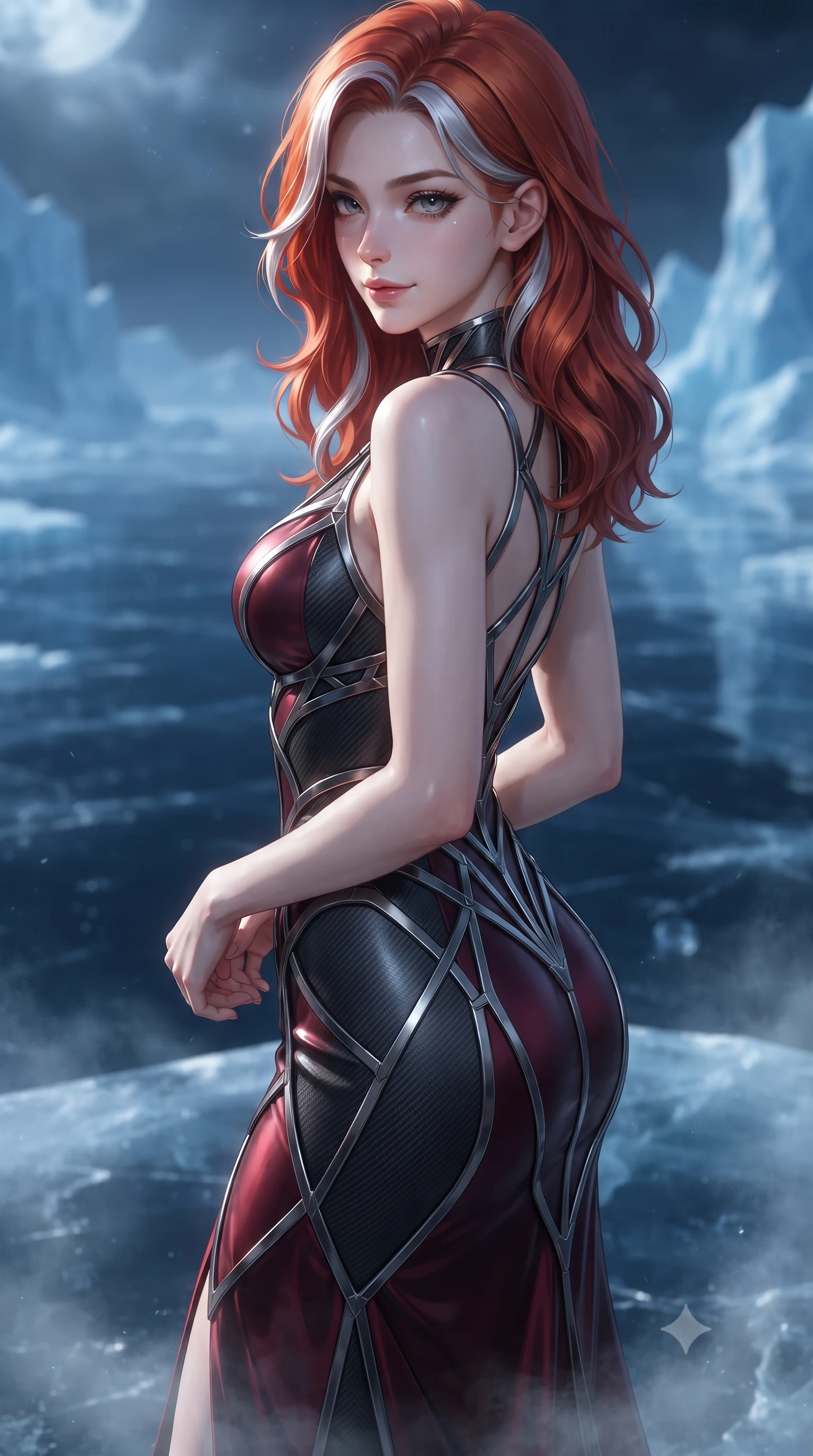 score_9, masterpiece, best quality, ultra-detailed, high-budget anime keyframe, editorial fashion photography, tasteful artistic composition, Caucasian woman. close-up cowboy shot from the waist and thighs up, the character dominates the composition, filling the frame with her large presence, background elements kept in soft focus. Glancing sidelong over her shoulder with a smoldering, enigmatic half-smile, standing on a translucent black ice altar suspended over an icy abyss, freezing mist drifting along the mirror-like black ice floor. She has an exceptionally elegant, slender, and willowy female figure with an ultra-slim waist, a gracefully sculpted slender torso, and a refined silhouette. sharp v-shaped jawline, high-bridge nose, intricate jewel-like eyes with depth, thick eyelashes, glossy lips with a natural sheen. wearing form-contouring dark crimson liquid silk long slip dress in smoky pitch black, made of matte carbon-fiber weave, highlighted by a gunmetal metallic harness structure, contouring every curve with an exceptionally elegant silhouette. bathed in cold silver moonlight and deep cobalt shadow reflections. highly saturated vibrant anime colors, detailed shading with soft gradients, rich glossy textures, high-contrast stereoscopic depth, volumetric dynamic lighting, master piece, 9:16 ratio