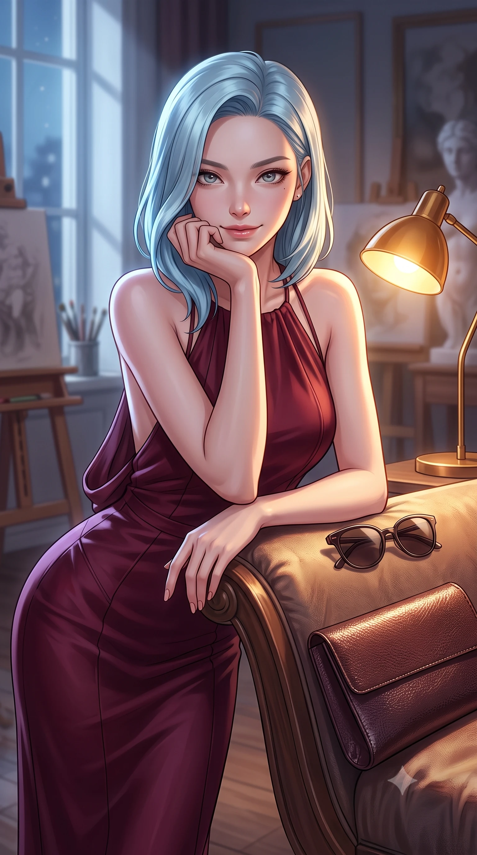 score_9, masterpiece, best quality, ultra-detailed, high-budget anime keyframe, editorial fashion photography, tasteful artistic composition, Korean woman. close-up cowboy shot from the waist and thighs up, the character dominates the composition, filling the frame with her large presence, background elements kept in soft focus. flashing a sweet yet tantalizing grin, resting her chin on the back of her hand with intense eye contact set against a soft-focus background of inside an exclusive art atelier with a pair of designer sunglasses and a sleek leather clutch bag on the lounger. She has an exceptionally elegant, slender, and willowy female figure with an ultra-slim waist, a gracefully sculpted slender torso, and a refined silhouette. sharp v-shaped jawline, high-bridge nose, intricate jewel-like eyes with depth, thick eyelashes, glossy lips with a natural sheen. wearing tailored deep burgundy matte silk backless linen halter dress featuring delicate straps and a draped open-back design featuring refined tailored seams. illuminated by soft silver moonlight contrasting with the warm amber glow of a nearby lamp. highly saturated vibrant anime colors, detailed shading with soft gradients, rich glossy textures, high-contrast stereoscopic depth, volumetric dynamic lighting, master piece, 9:16 ratio