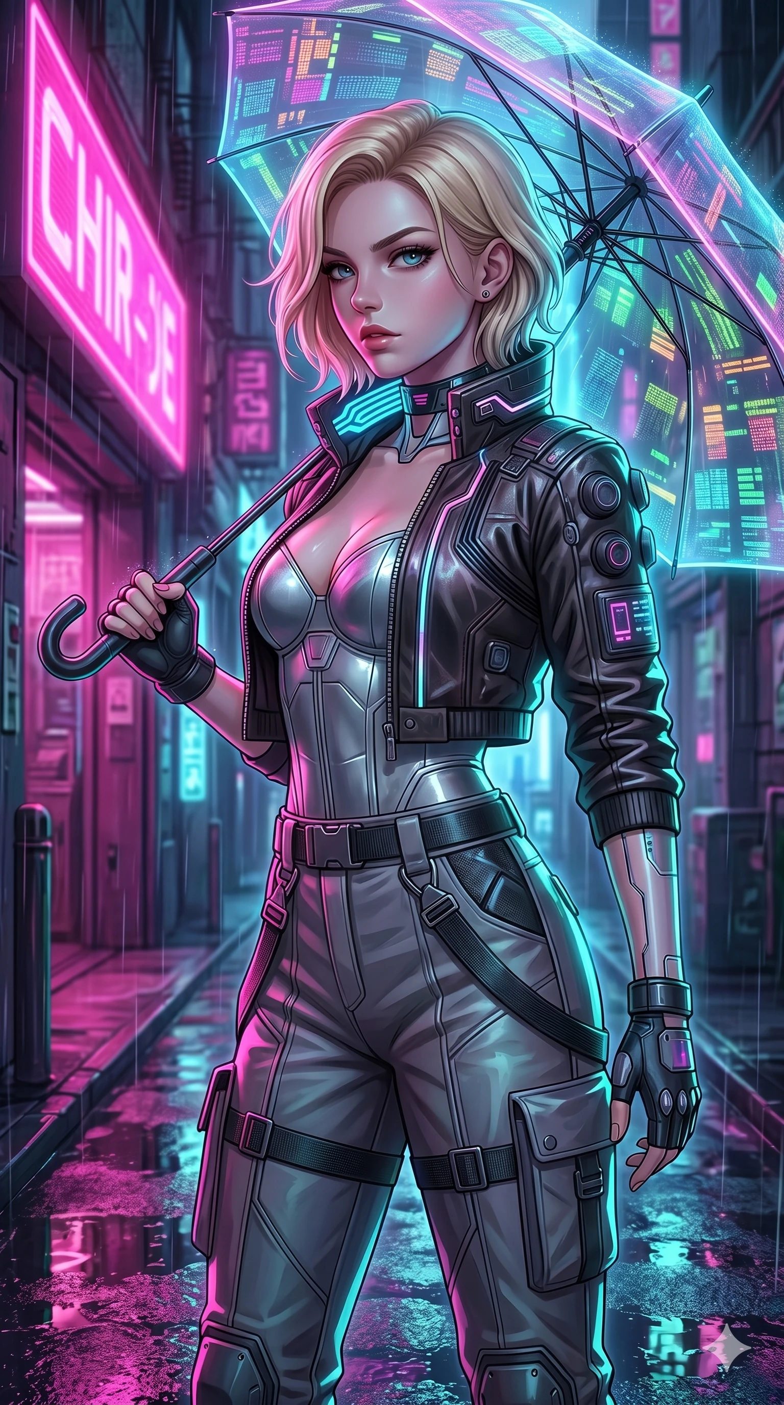 score_9, masterpiece, best quality, ultra-detailed, high-budget anime keyframe, editorial fashion photography, tasteful artistic composition, Caucasian woman, strictly human ears. Upper body close-up from the thighs up, character filling the screen for maximum presence. Standing in a rain-slicked neon alleyway, holding a glowing digital umbrella, looking over her shoulder with an enigmatic, intense gaze. She is wearing a cropped cyber-leather jacket over a structured silver bodice and high-waisted utility trousers. The scene is illuminated by neon pink signs and a soft blue rim light tracing her silhouette. 2k, ultra detail, master piece, 9:16 ratio