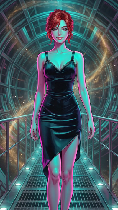 A cinematic sci-fi anime video. The colorful cosmic nebula in the night sky swirls and glows with shifting starlight. The giant radio telescope dishes in the background slowly pan and rotate. Shimmering rainbow light rays refract from the hanging cry