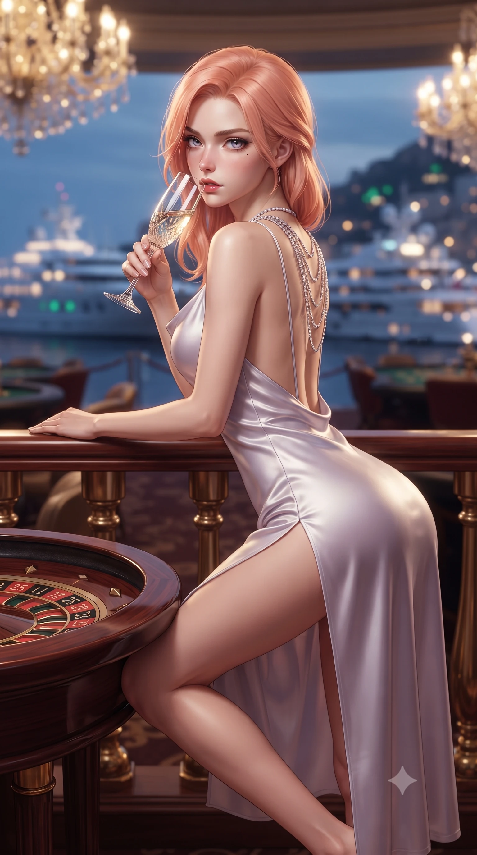 score_9, masterpiece, best quality, ultra-detailed, high-budget anime keyframe, editorial fashion photography, tasteful artistic composition, Japanese woman. close-up cowboy shot from the waist and thighs up, the character dominates the composition, filling the frame with her large presence. leaning forward against the polished railing with her hips cocked back, creating an intoxicating curve from her narrow waist to sculpted hips as she gazes back into the lens while perching on the rim of a luxury mahogany roulette table with legs crossed, arching her lower back while holding a crystal champagne flute to her lips. The composition keeps background elements in soft focus with creamy bokeh. glittering Monaco harbor superyacht lights and casino chandeliers blurred into champagne-gold, emerald, and sapphire bokeh. She has an exceptionally elegant, slender, and willowy female figure with an ultra-slim waist, a gracefully sculpted slender torso, toned flat midriff, and rounded feminine hips creating an alluring hourglass silhouette. sharp v-shaped jawline, high-bridge nose, intricate jewel-like eyes with depth, thick eyelashes, glossy parted lips with a natural sheen, intensely captivating and seductive bedroom-eyes expression, flawlessly proportioned anatomical accuracy, strict slender model proportions, natural body alignment, perfectly sculpted long slender limbs, ultra-slim waistline, clean dynamic posture without body distortion. wearing a backless cowl-neck satin slip dress featuring high-cut side hip slits and delicate thin straps in pearlescent opal with soft violet luster, crafted from luxurious metallic lamé that shifts radiance with every step, accented with a multi-strand diamond back necklace cascading down her bare spine to her hips, the form-contouring material adhering flawlessly to her sculpted flat midriff and slender torso, emphasizing her long leg lines and perfectly proportioned willowy build. bathed in opulent golden casino chandelier light and cool Mediterranean twilight ambient fill. ultra-reflective glossy finish, specular highlights, rich textural contrasts, high-contrast stereoscopic depth, volumetric dynamic lighting, 2k, ultra detail, master piece, 9:16 ratio