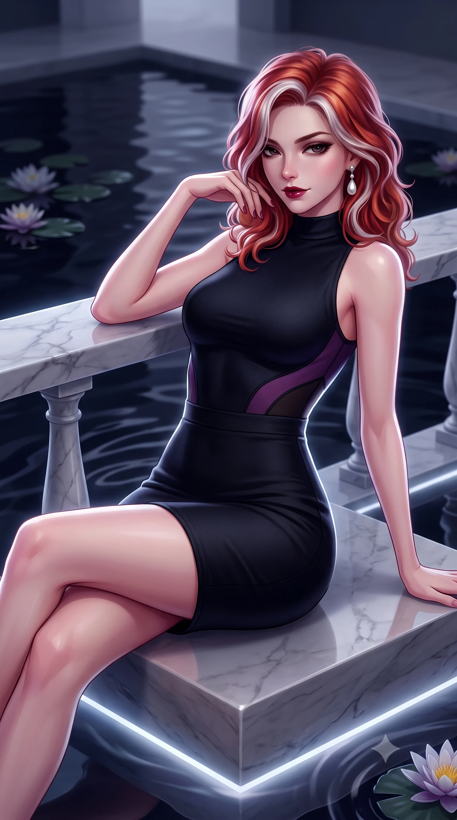 score_9, masterpiece, best quality, ultra-detailed, high-budget anime keyframe, semi-realistic 3D game render, editorial fashion photography, tasteful artistic composition, Caucasian woman. close-up cowboy shot from the waist and thighs up, the character dominates the composition, filling the frame with her large presence. resting one elbow on the marble balustrade while arching her spine with dancer poise, her dark bedroom-eyes casting a magnetic sidelong glance while reclining languidly on a floating stone plinth propped on one elbow, her long slender legs and hourglass curves commanding the frame with dark allure. The composition keeps background elements in soft focus with dreamy creamy bokeh. mirror-like dark water ripples and floating nocturnal water lilies softened in architectural minimalist shallow focus. She has an exceptionally elegant, slender, and willowy female figure with an ultra-slim waist, flat toned midriff, narrow ribcage, and sculpted feminine hips creating an alluring, slim hourglass silhouette without bulk. sharp v-shaped jawline, high-bridge nose, intricate jewel-like dark sparkling eyes with dangerous depth, thick curled eyelashes, glossy parted lips with a rich wine sheen, smoldering seductive half-smile with bedroom-eyes, exuding effortless superiority and intoxicating dark allure, flawlessly proportioned anatomical accuracy, strict slender model proportions, natural body alignment, perfectly sculpted long slender limbs, ultra-slim waistline, clean dynamic posture without body distortion. wearing a high-neck sleeveless bodycon dress in textured matte obsidian with side-torso semi-sheer mesh inserts in rich plum violet and deep onyx black, tailored from fine lightweight midnight wool crepe with crisp architectural structure, accented with a single dangling baroque pearl earring reflecting the amber glow, the high-waisted tailoring accentuating her ultra-slim waistline and the enchanting curve of her feminine hips with alluring dark charm. illuminated by subtle underwater fiber-optic perimeter lights and crisp platinum rim lighting sharply carving her slim torso, narrow waist, and curvy hips. highly saturated vibrant anime colors, detailed shading with soft gradients, rich glossy textures, high-contrast stereoscopic depth, volumetric dynamic lighting, master piece, 9:16 ratio