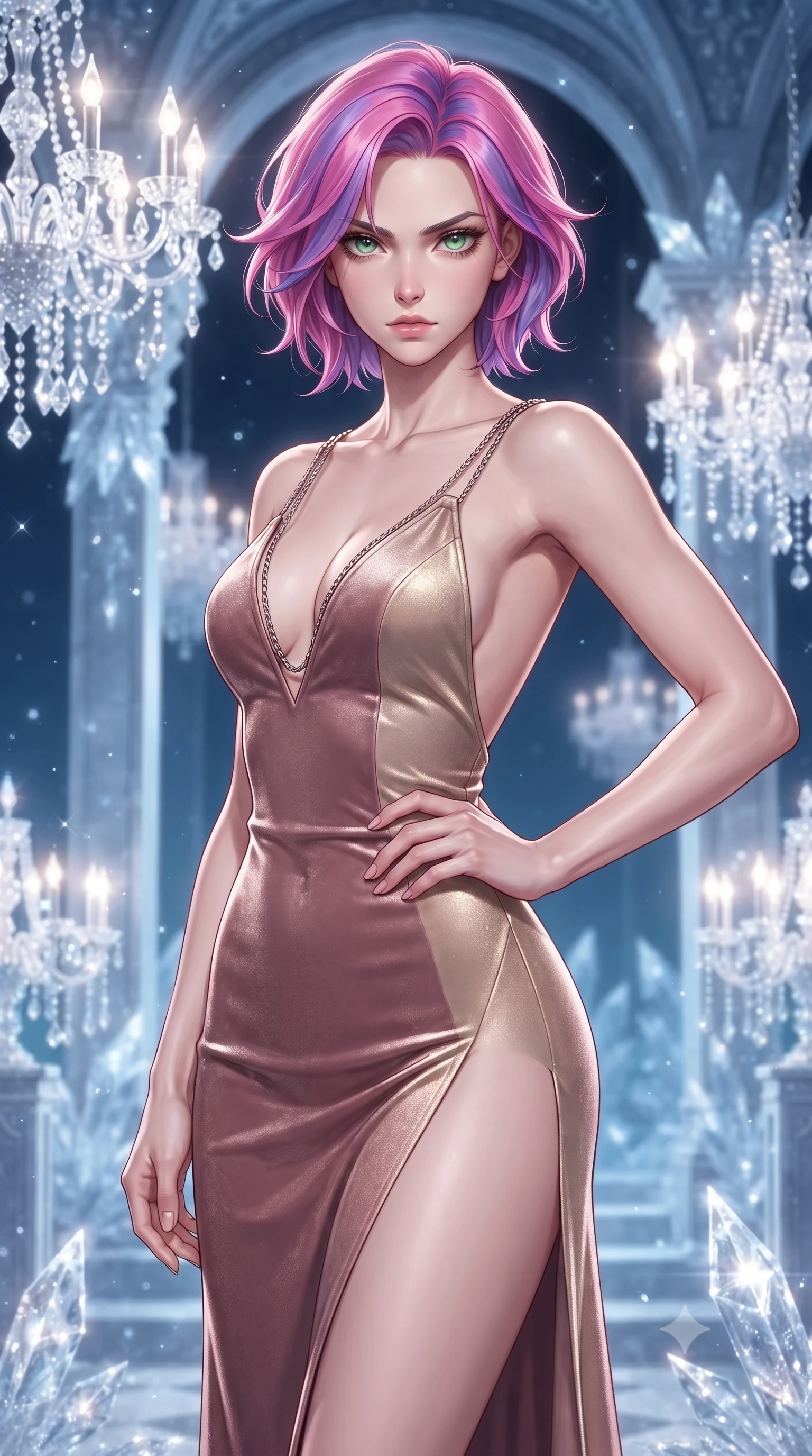 score_9, masterpiece, best quality, ultra-detailed, high-budget anime keyframe, editorial fashion photography, tasteful artistic composition, Caucasian woman. close-up cowboy shot from the waist and thighs up, the character dominates the composition, filling the frame with her large presence, background elements kept in soft focus. Holding a confident power pose with one hand on her hip, gazing directly into the camera with quiet intensity standing in an open-air ice palace ballroom lined with glowing crystal chandeliers, glistening frost crystals on architecture scattering silver and sapphire light. She has an exceptionally elegant, slender, and willowy female figure with an ultra-slim waist, a gracefully sculpted slender torso, and a refined silhouette. sharp v-shaped jawline, high-bridge nose, intricate jewel-like eyes with depth, thick eyelashes, glossy lips with a natural sheen. wearing a backless crushed velvet gown with a deep V-neckline and high thigh slit in dusty rose and champagne gold, formed from sleek second-skin neoprene, adorned with delicate metallic chain straps along the neckline, the tailored fabric tightly following every curve of her athletic build. bathed in brilliant cold silver moonlight and crisp sapphire ambient glow. ultra-reflective glossy finish, specular highlights, metallic sheen, high-contrast stereoscopic depth, volumetric dynamic lighting, 2k, ultra detail, master piece, 9:16 ratio