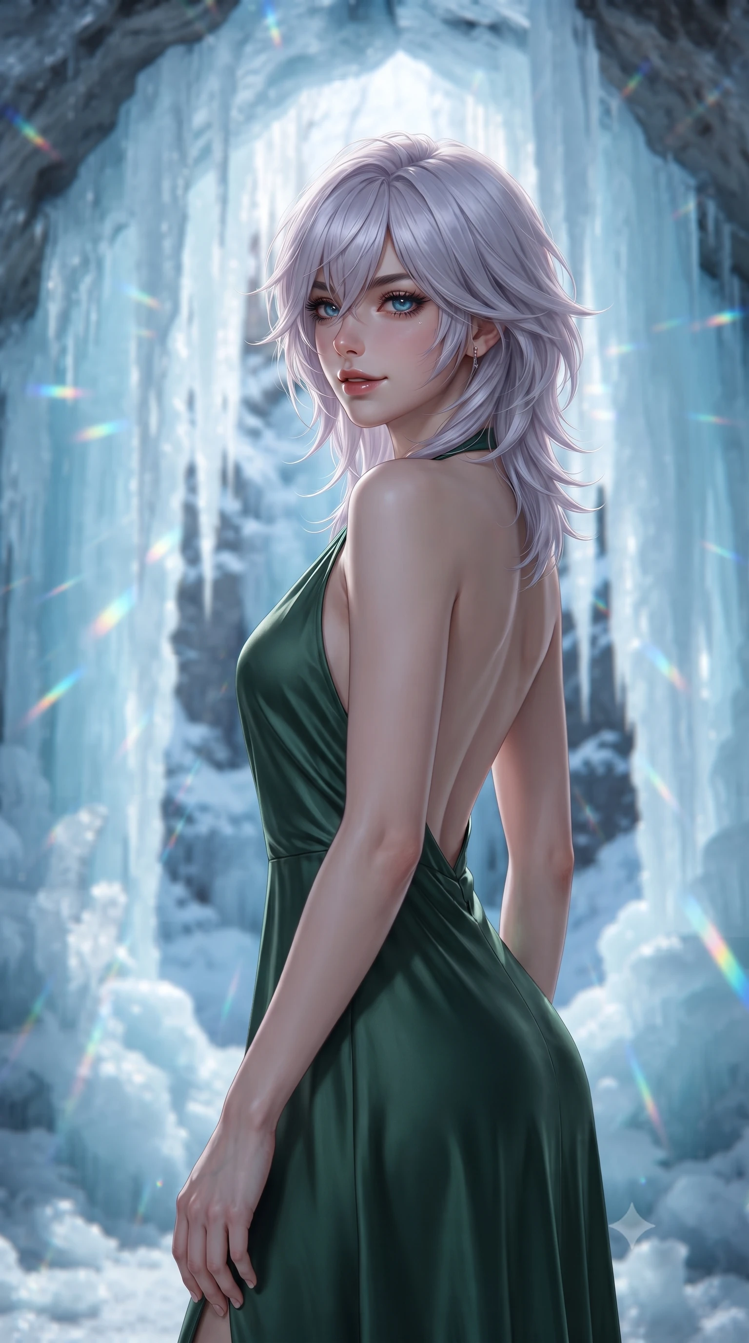 score_9, masterpiece, best quality, ultra-detailed, high-budget anime keyframe, editorial fashion photography, tasteful artistic composition, Japanese woman. close-up cowboy shot from the waist and thighs up, the character dominates the composition, filling the frame with her large presence, background elements kept in soft focus. Glancing sidelong over her shoulder with a smoldering half-smile. set against a soft-focus background of inside a hidden grotto behind a completely frozen waterfall with massive ice formations creating prismatic arches and columns frozen mid-cascade water transformed into translucent sculptural curtains of blue-white ice. She has an exceptionally elegant and slender, willowy female figure with an ultra-slim waist, a gracefully sculpted slender torso, and a refined slim physique. sharp v-shaped jawline, high-bridge nose, intricate jewel-like eyes with depth, thick eyelashes, glossy lips with a natural sheen. wearing a backless halter-neck silk dress in deep forest green, flowing elegantly along her slender figure. daylight filtering through the frozen waterfall creating a stunning blue-white transmitted glow with prismatic rainbow refractions where light hits ice crystal formations at angles. 2k, ultra detail, master piece, 9:16 ratio