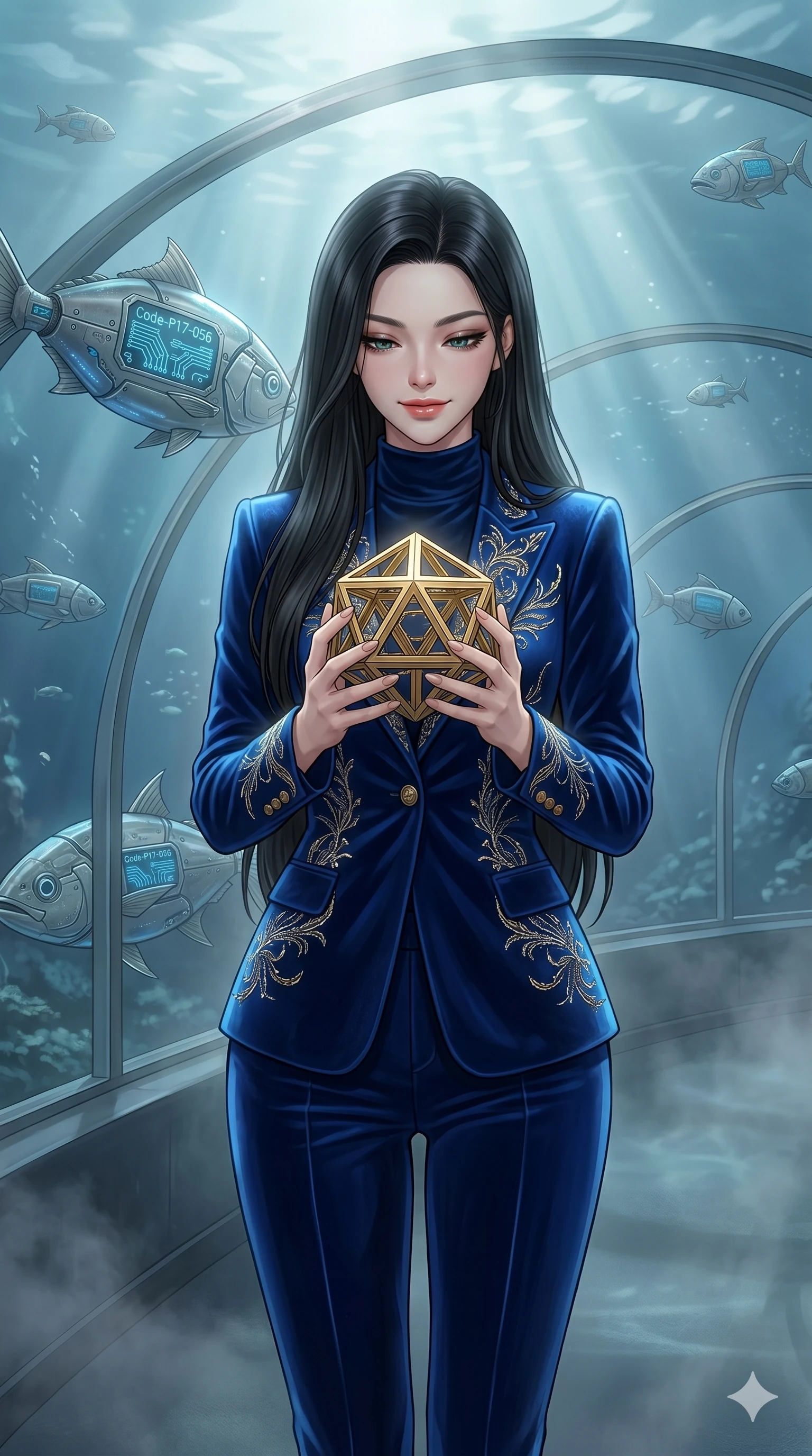 score_9, masterpiece, best quality, ultra-detailed, high-budget anime keyframe, editorial fashion photography, tasteful artistic composition, Korean woman. cowboy shot from the thighs up, character and outfit filling the frame for maximum editorial presence. holding a small golden polyhedron, looking down with a serene and powerful smile inside an underwater glass tunnel with swimming cybernetic fish (Code-P17-056). She has an absolutely perfect 8-heads proportion, an exceptionally tall and slender female figure with impossibly long slender legs and an ultra-slim waist. V-shaped jawline, high-bridge nose, intricate jewel-like eyes with depth, thick eyelashes, glossy lips with a natural sheen. wearing a tailored velvet high-neck blazer with matching pants. soft morning sunbeams filtering through the mist, creating a soft glowing aura. 2k, ultra detail, master piece, 9:16 ratio