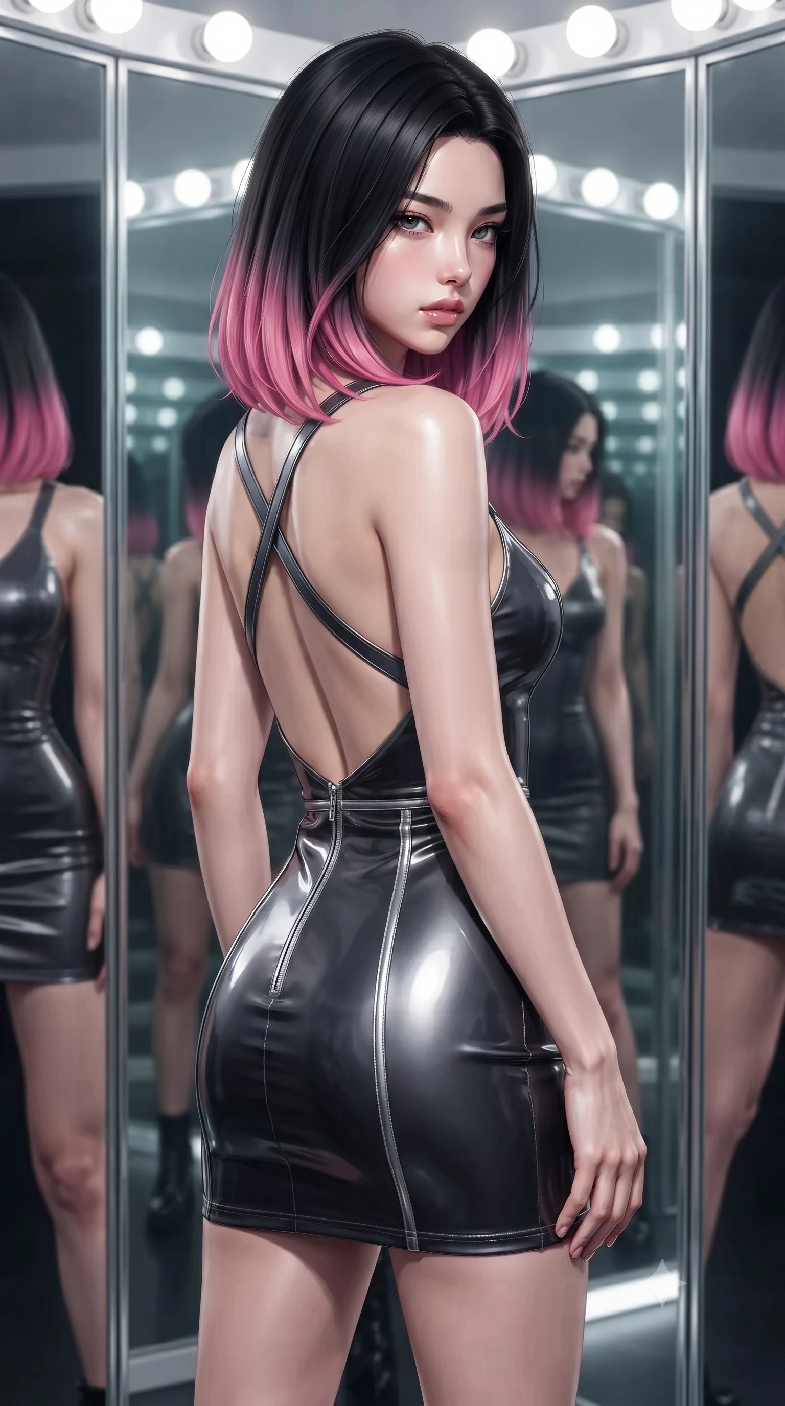 score_9, masterpiece, best quality, ultra-detailed, high-budget anime keyframe, editorial fashion photography, tasteful artistic composition, Korean woman. close-up cowboy shot from the waist and thighs up, the character dominates the composition, filling the frame with her large presence, background elements kept in soft focus. Looking down with lowered lashes and a composed, powerful dark aura, looking into the camera with direct, magnetic self-assurance and charisma, infinite mirror reflections repeating her statuesque 8.5-heads proportion into distance. She has an exceptionally elegant, slender, and willowy female figure with an ultra-slim waist, a gracefully sculpted slender torso, and a refined silhouette. sharp v-shaped jawline, high-bridge nose, intricate jewel-like eyes with depth, thick eyelashes, glossy lips with a natural sheen. wearing dramatically scooped backless dark satin mini dress with criss-cross chrome straps in dark charcoal gray, made of high-gloss liquid vinyl, finished with metallic silver boning and sleek zipper points, following her slender form with tailored precision. illuminated by bright daylight vanity bulbs and multi-directional studio key rays. ultra-reflective glossy finish, specular highlights, metallic sheen, high-contrast stereoscopic depth, volumetric dynamic lighting, 2k, ultra detail, master piece, 9:16 ratio
